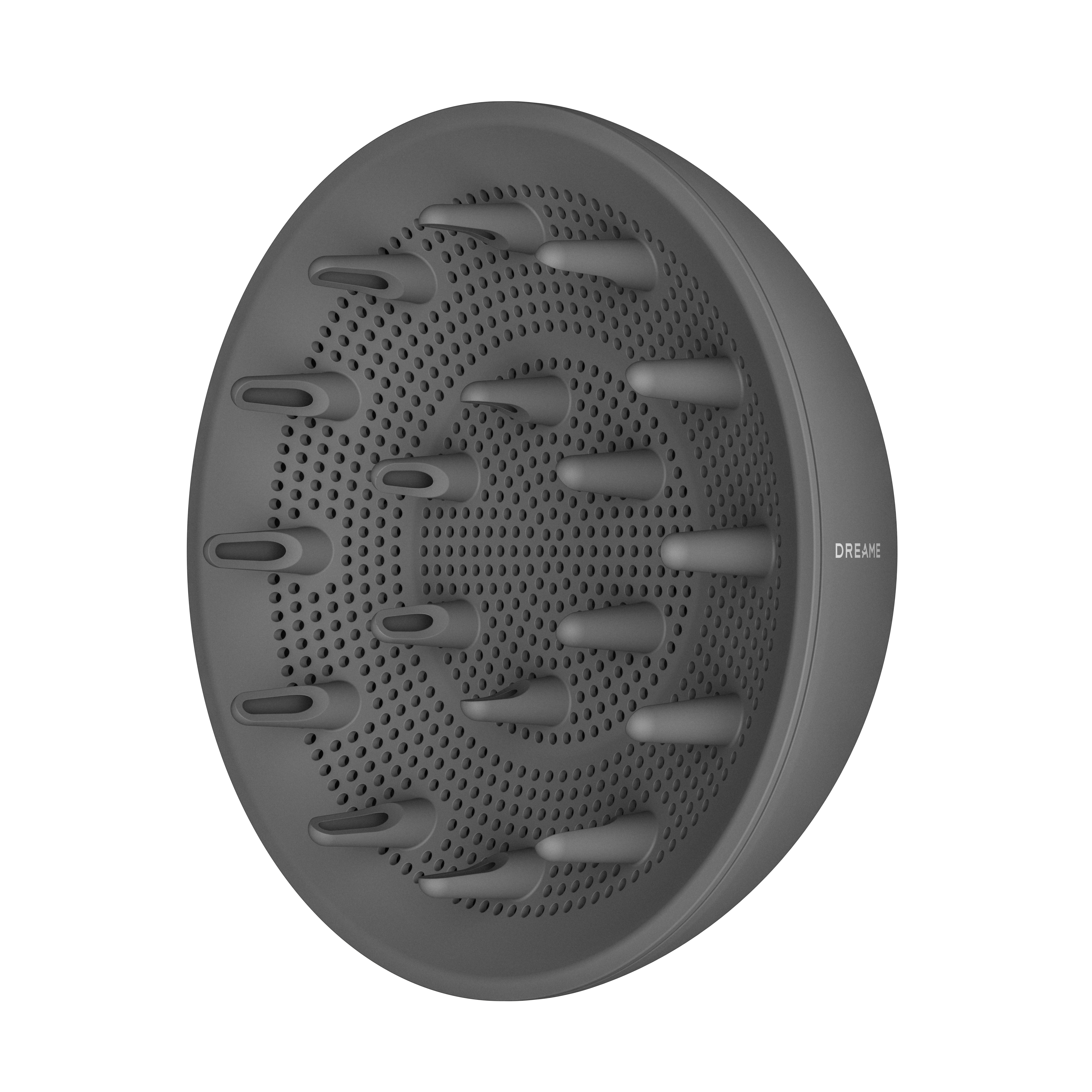 Zbliżenie szarego dyfuzora do suszarki do włosów z wieloma otworami i zakrzywionym kształtem. Widnieje na nim napis 'DREAME'.
