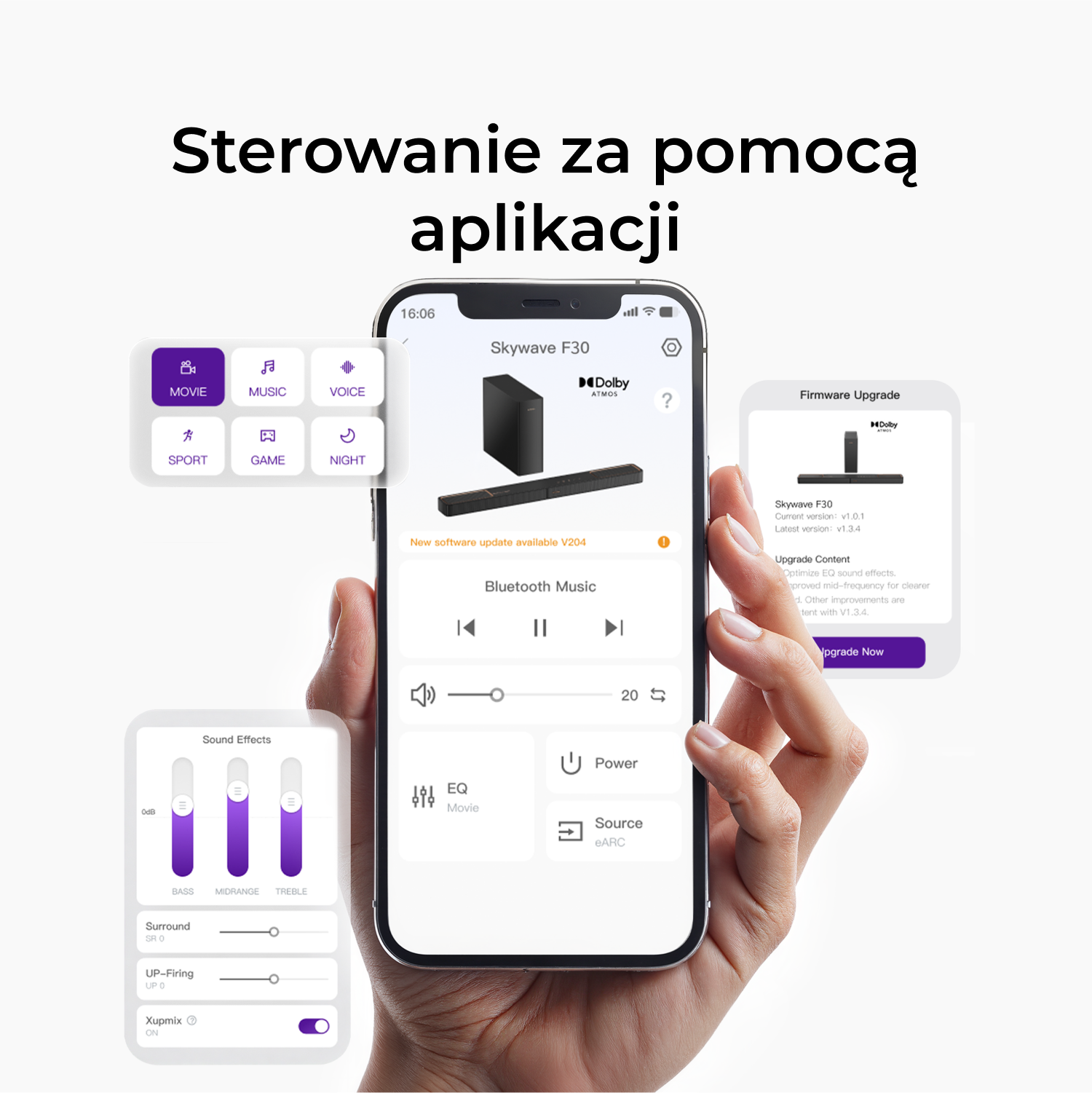 Dłoń trzyma smartfon z interfejsem aplikacji do sterowania urządzeniem Skywave F30. Ekran wyświetla różne ustawienia.