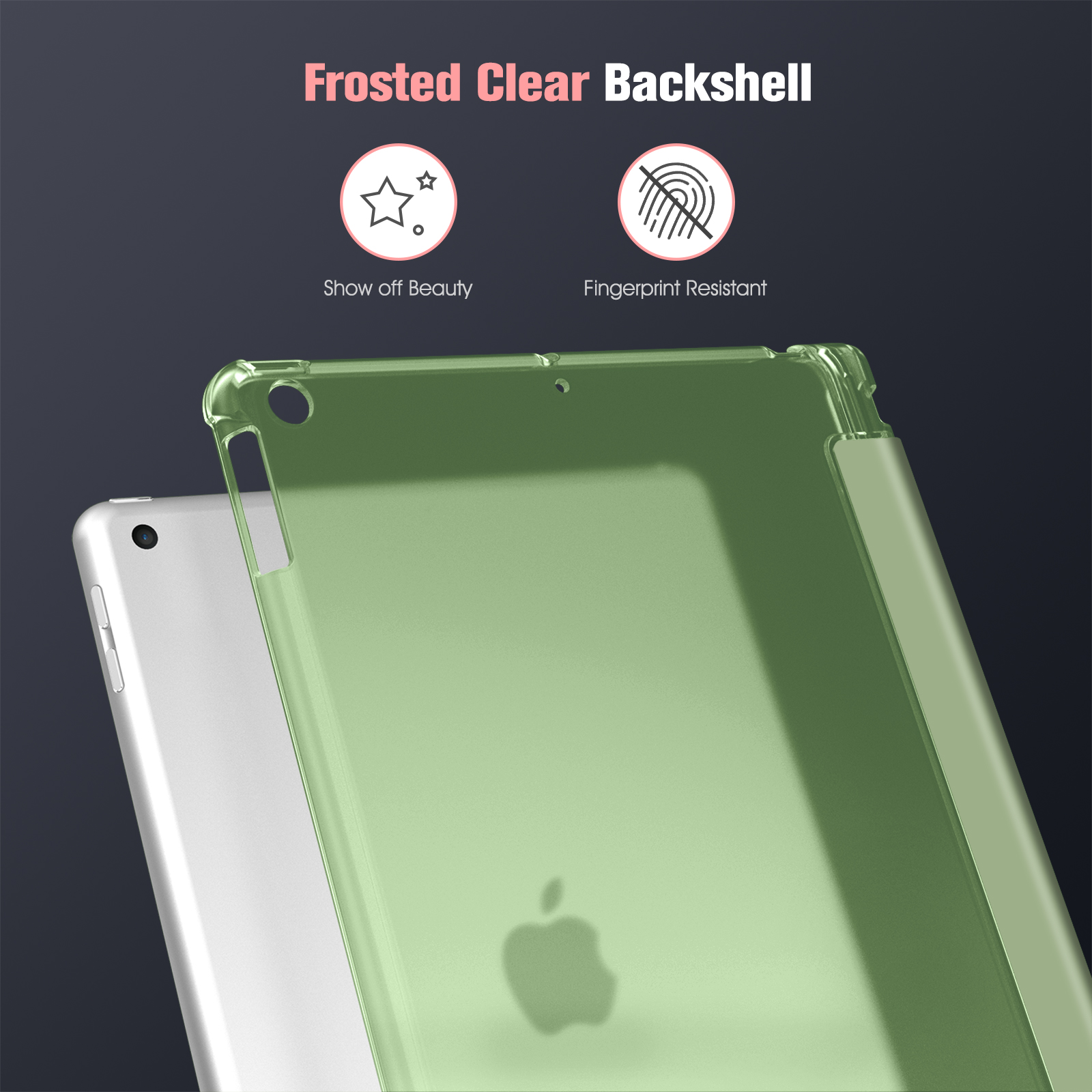 Ein iPad in einem grünen Gehäuse. Text sagt 'Frosted Clear Backshell', 'Show off Beauty' und 'Fingerprint Resistant'.