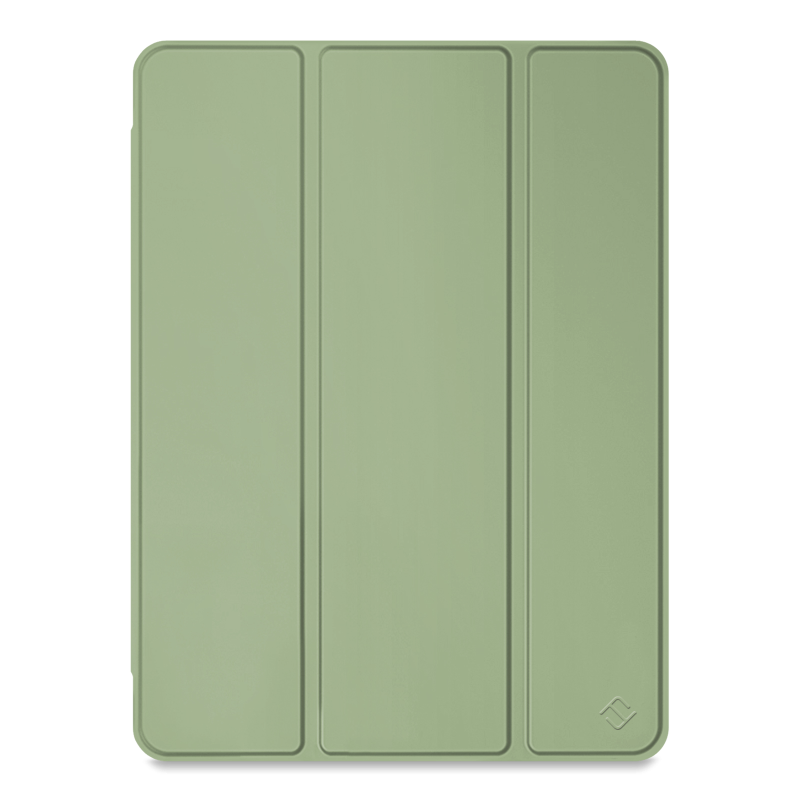 Grüne iPad-Hülle mit drei Paneelen, auf weißem Hintergrund.