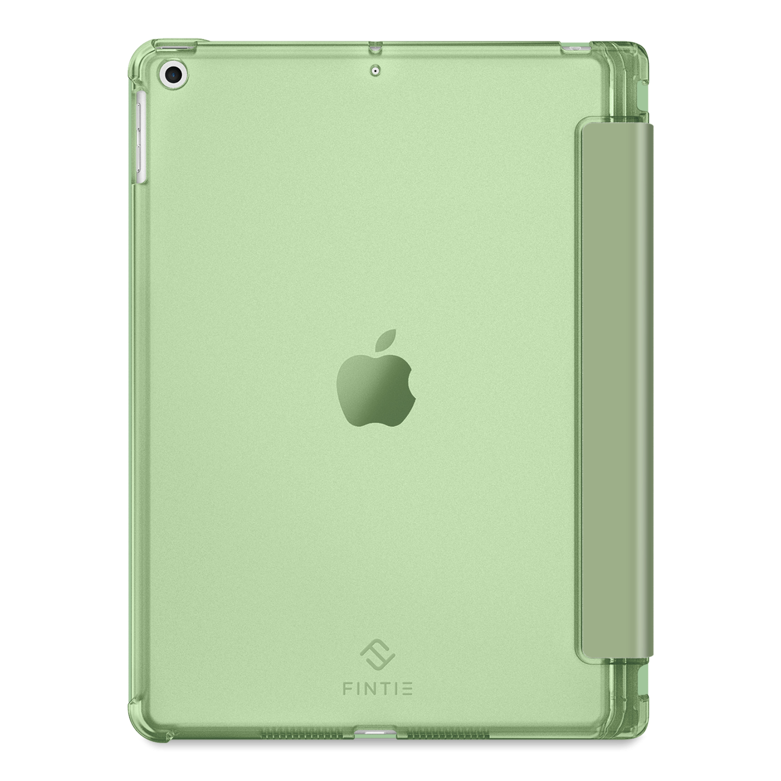 Grüne iPad-Hülle mit sichtbarem Apple-Logo, auf weißem Hintergrund.