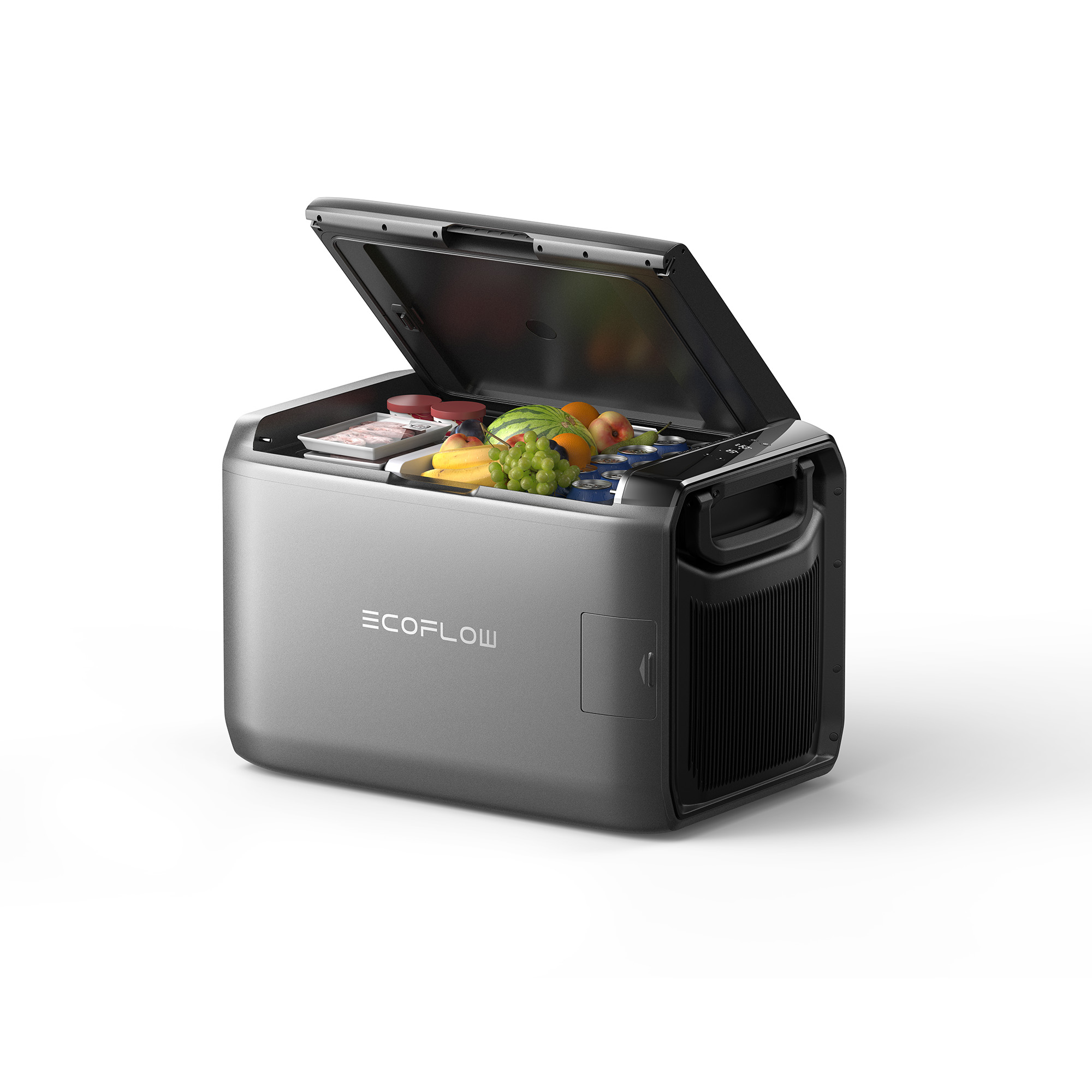 Geöffnete tragbare Kühlbox mit Früchten und Getränken, graues Äußeres, weißer Hintergrund.