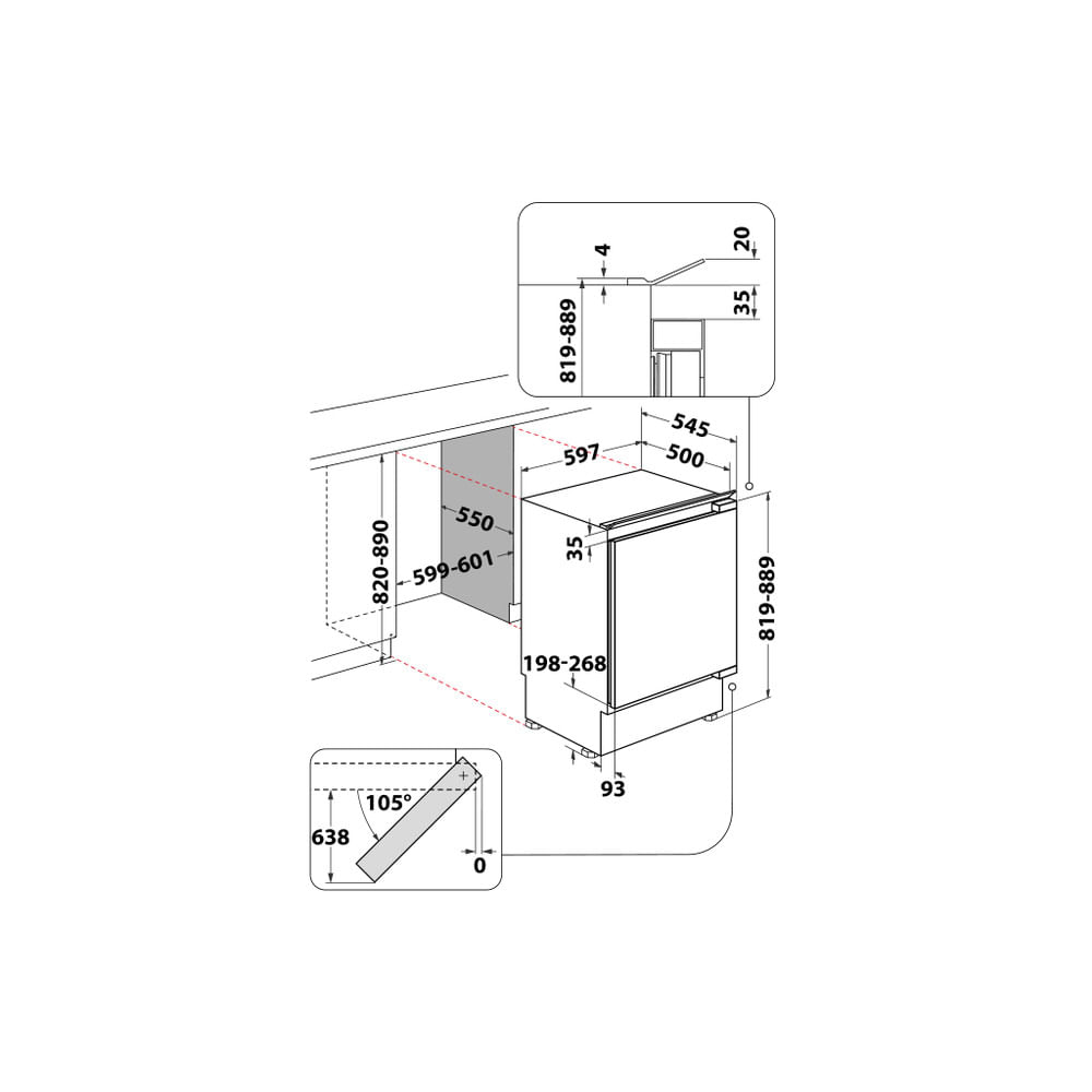 Disegno tecnico di una lavastoviglie a incasso con dimensioni ed etichette.