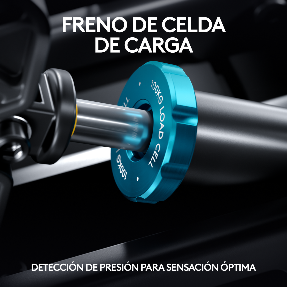 Zbliżenie niebieskiego czujnika obciążenia z napisem '100KG LOAD CELL' i srebrnym metalowym prętem.