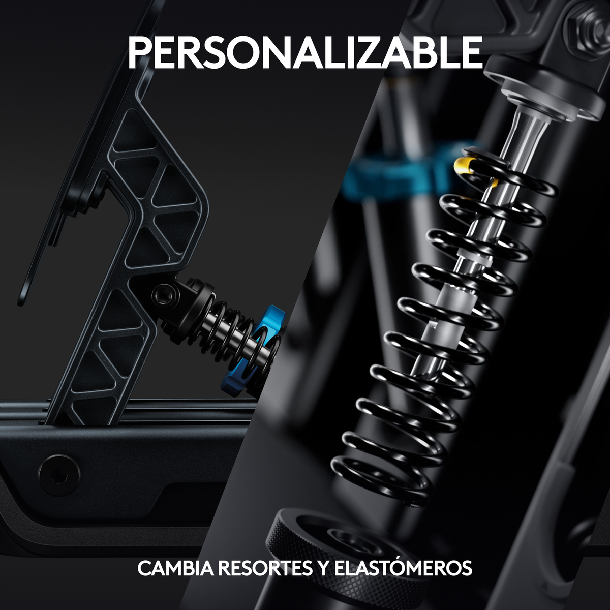 Zbliżenie pedałów do gier, pokazujące konfigurowalne sprężyny i elastomery.