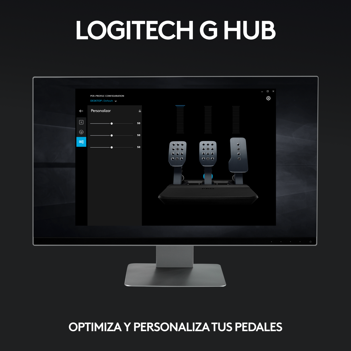 Ekran komputera wyświetlający interfejs oprogramowania Logitech G HUB do personalizacji pedałów.