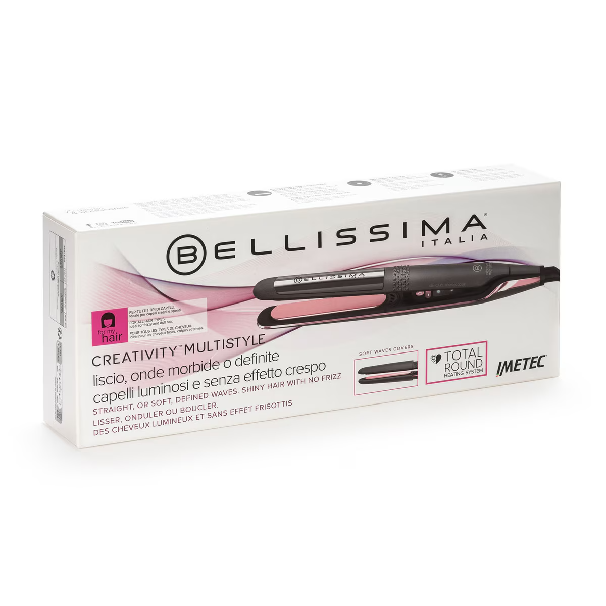 Pudełko produktu do prostownicy Bellissima, pokazujące produkt i kluczowe cechy.