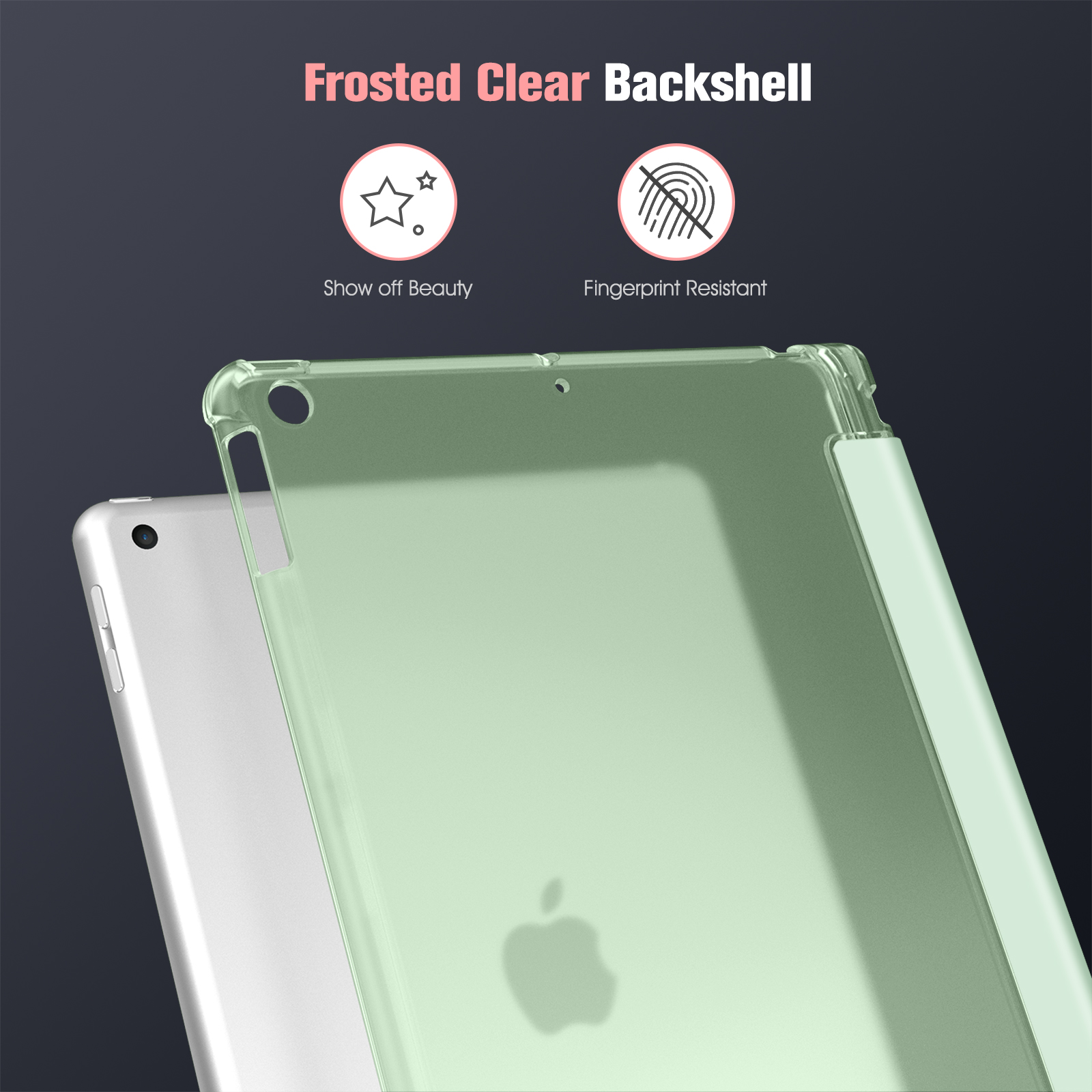 Ein iPad wird mit einer Schutzhülle gezeigt. Die Hülle ist grün und hat eine transparente Rückseite, die das Gerät hervorhebt.