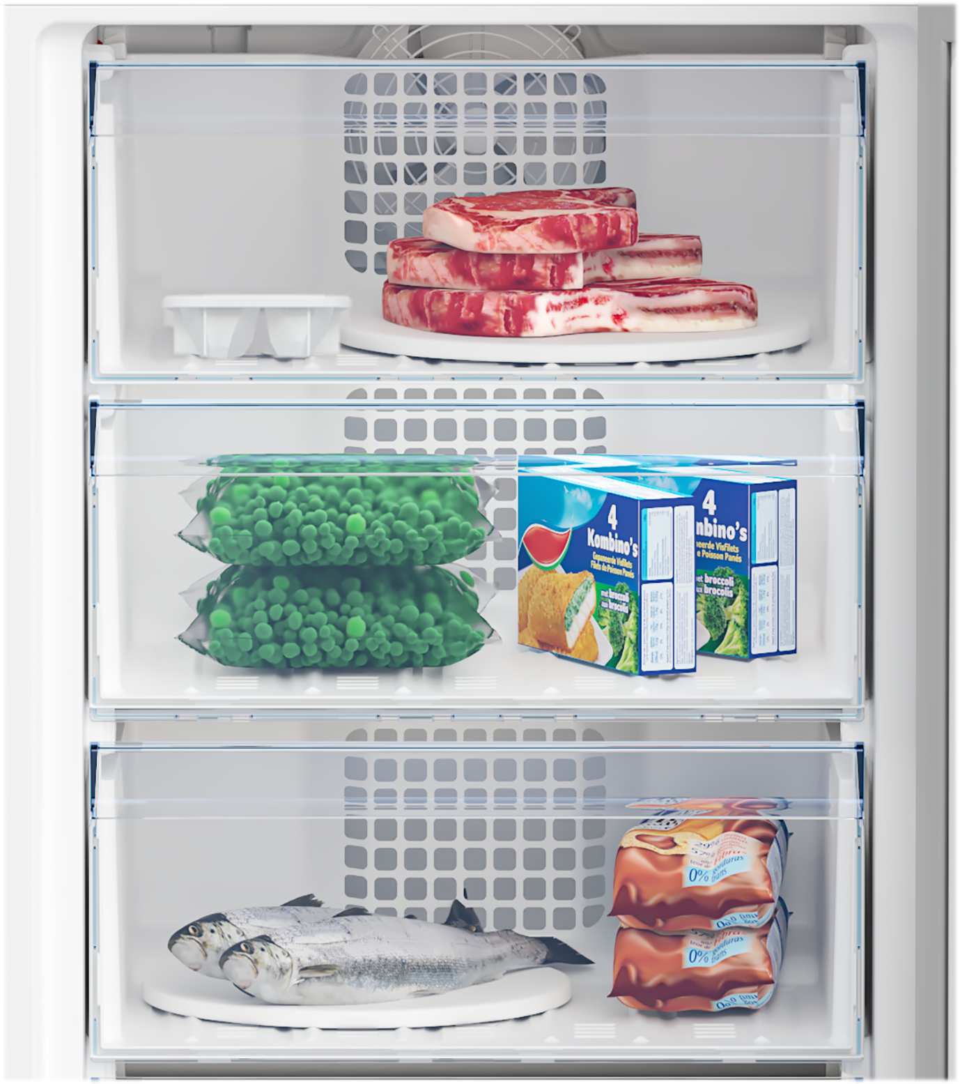 A freezer interior filled with frozen goods like steaks, peas, and fish.