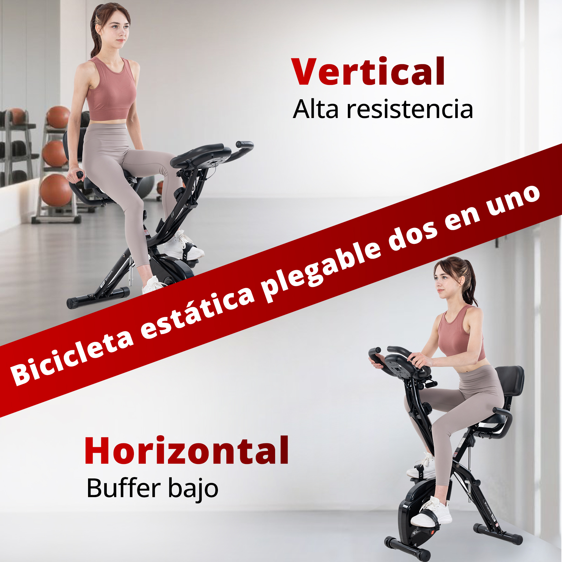 Una mujer usando una bicicleta de ejercicios plegable, con texto que indica posiciones vertical y horizontal.