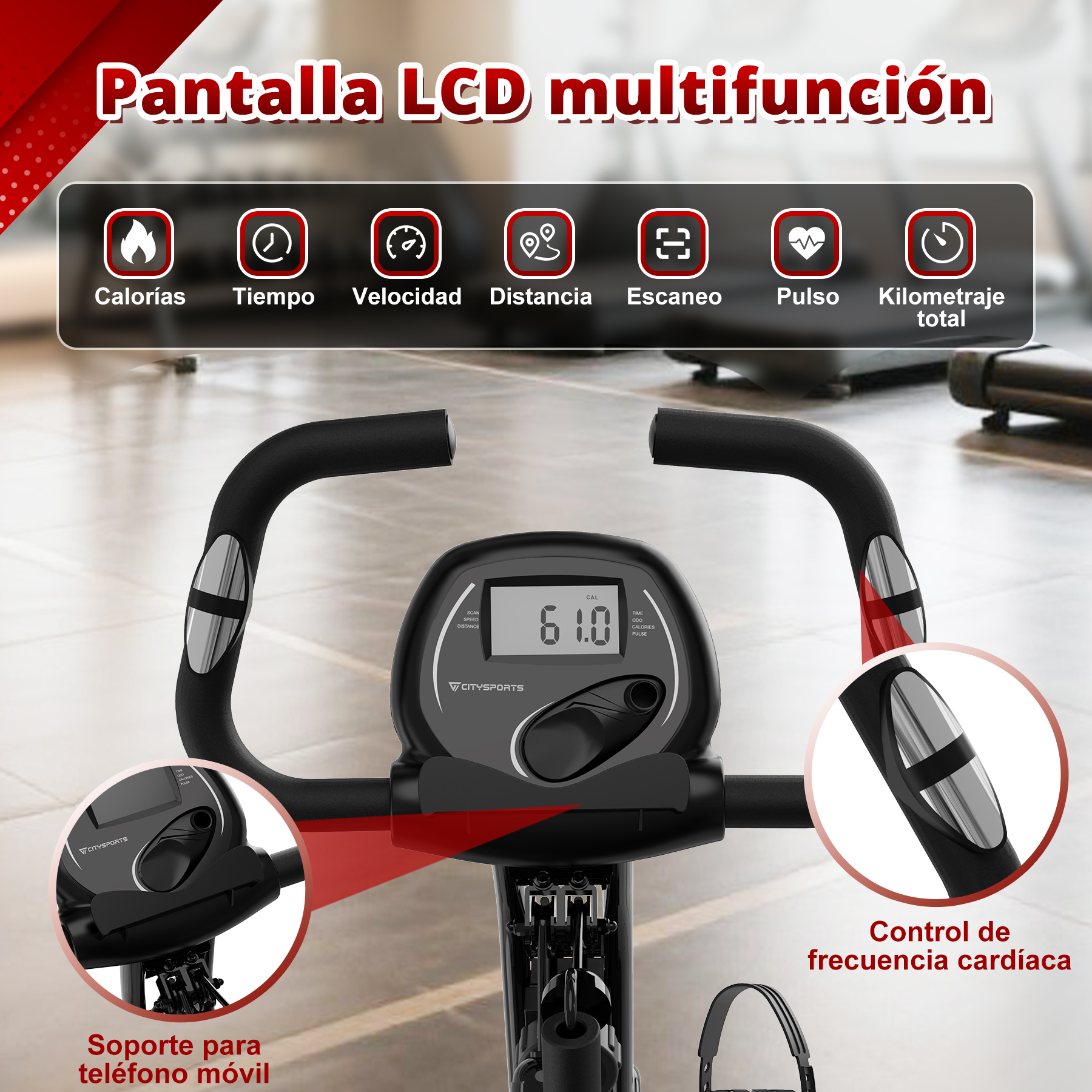 El panel de control de una bicicleta estática muestra tiempo, velocidad y otras métricas.