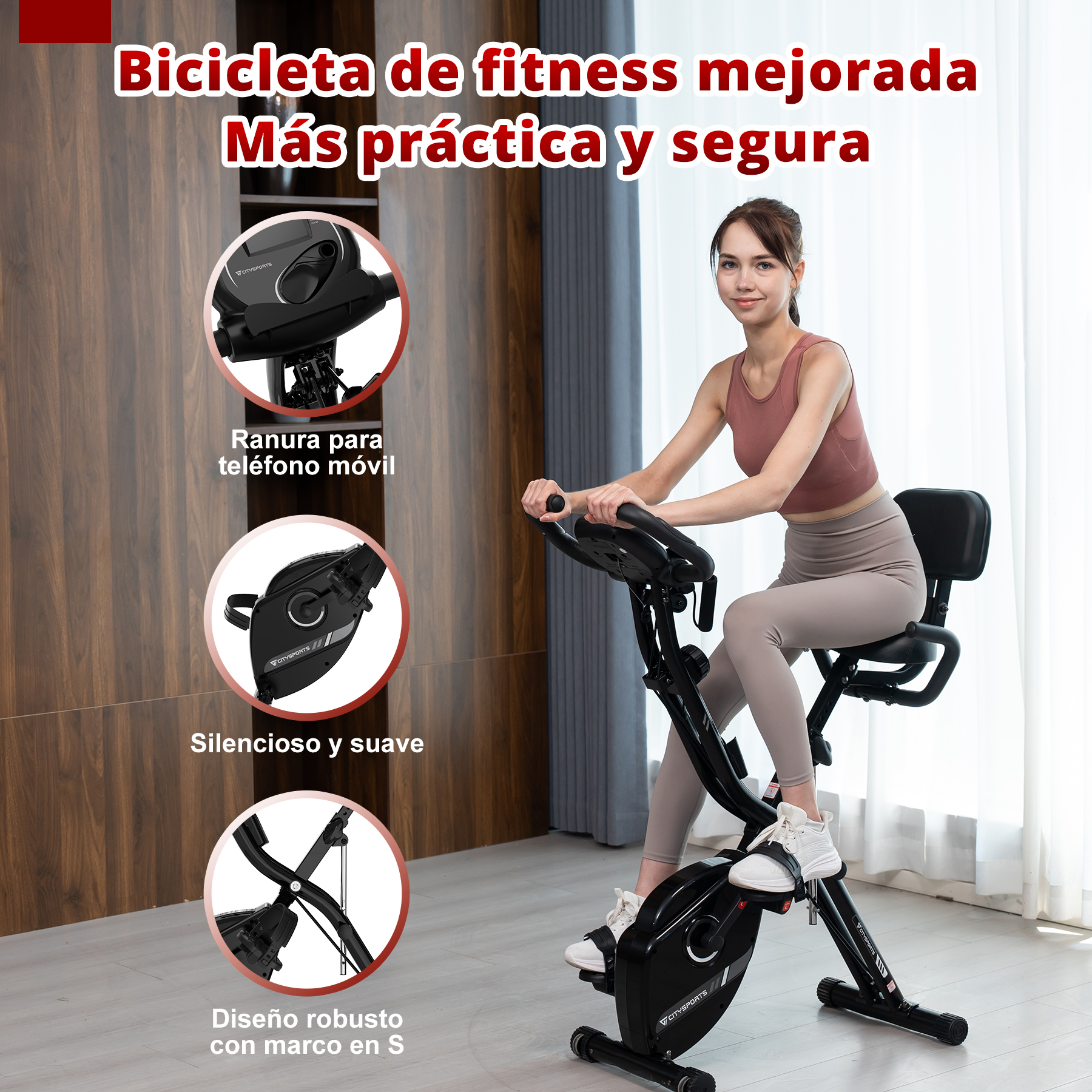 Mujer en bicicleta estática. Texto resalta características: soporte teléfono, silencio, diseño robusto.