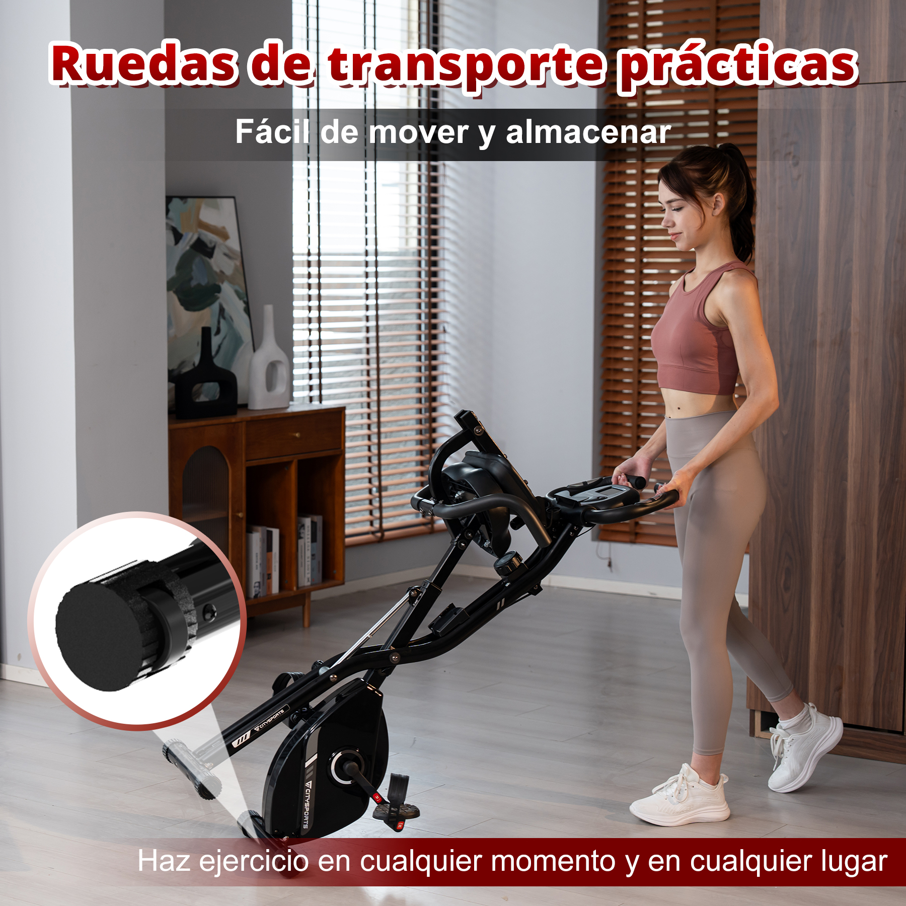 Mujer usa bicicleta estática plegable. La bici tiene un dial, y el texto dice: Fácil mover y guardar.
