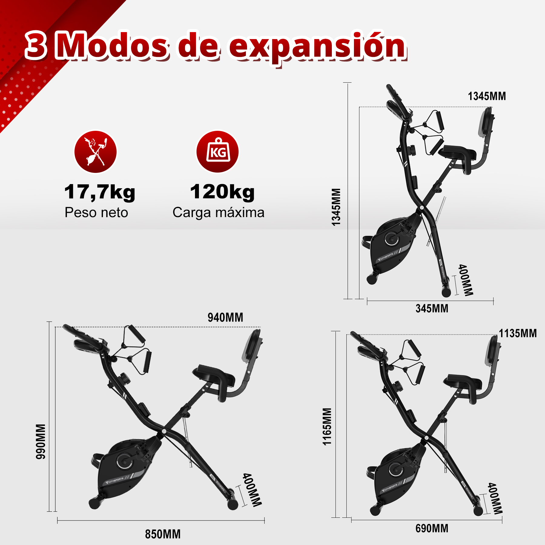 Diagrama de una bicicleta estática. Se muestran varias vistas y dimensiones en un esquema de color azul y negro.