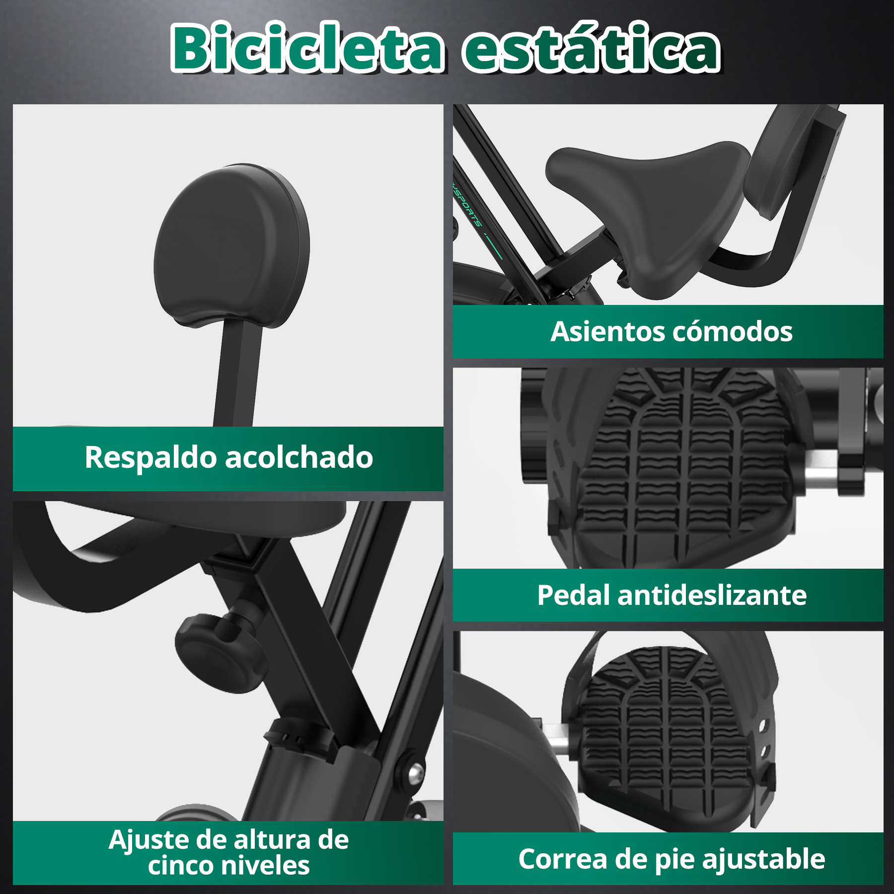 Primeros planos de detalles de una bicicleta estática. Muestra un respaldo acolchado, pedales antideslizantes y un asiento ajustable.