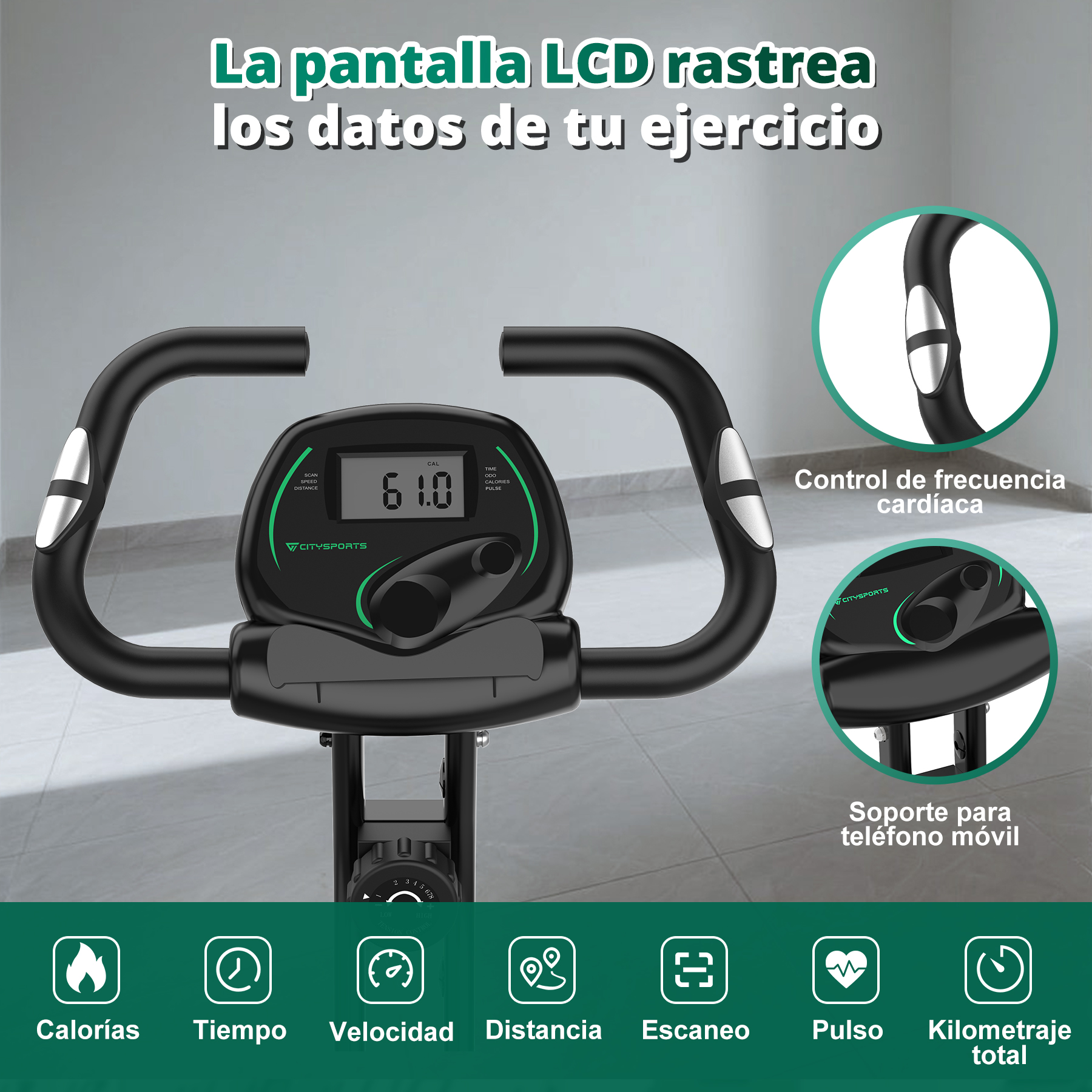 Primer plano de la consola de una bicicleta estática. Muestra datos: velocidad, tiempo, distancia, calorías.