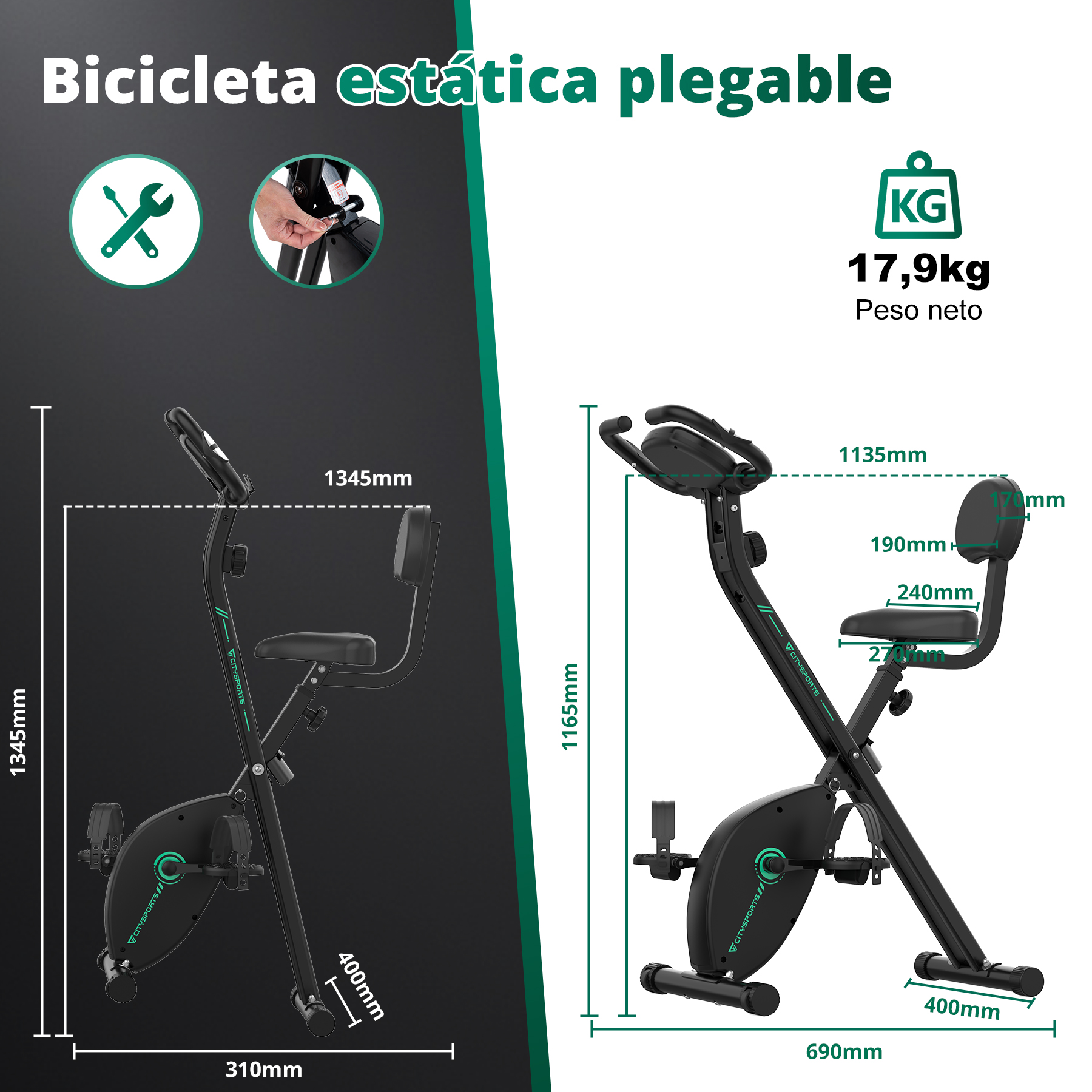 Diagrama de una bicicleta estática plegable. Proporciona dimensiones y otros detalles en un esquema de color azul.