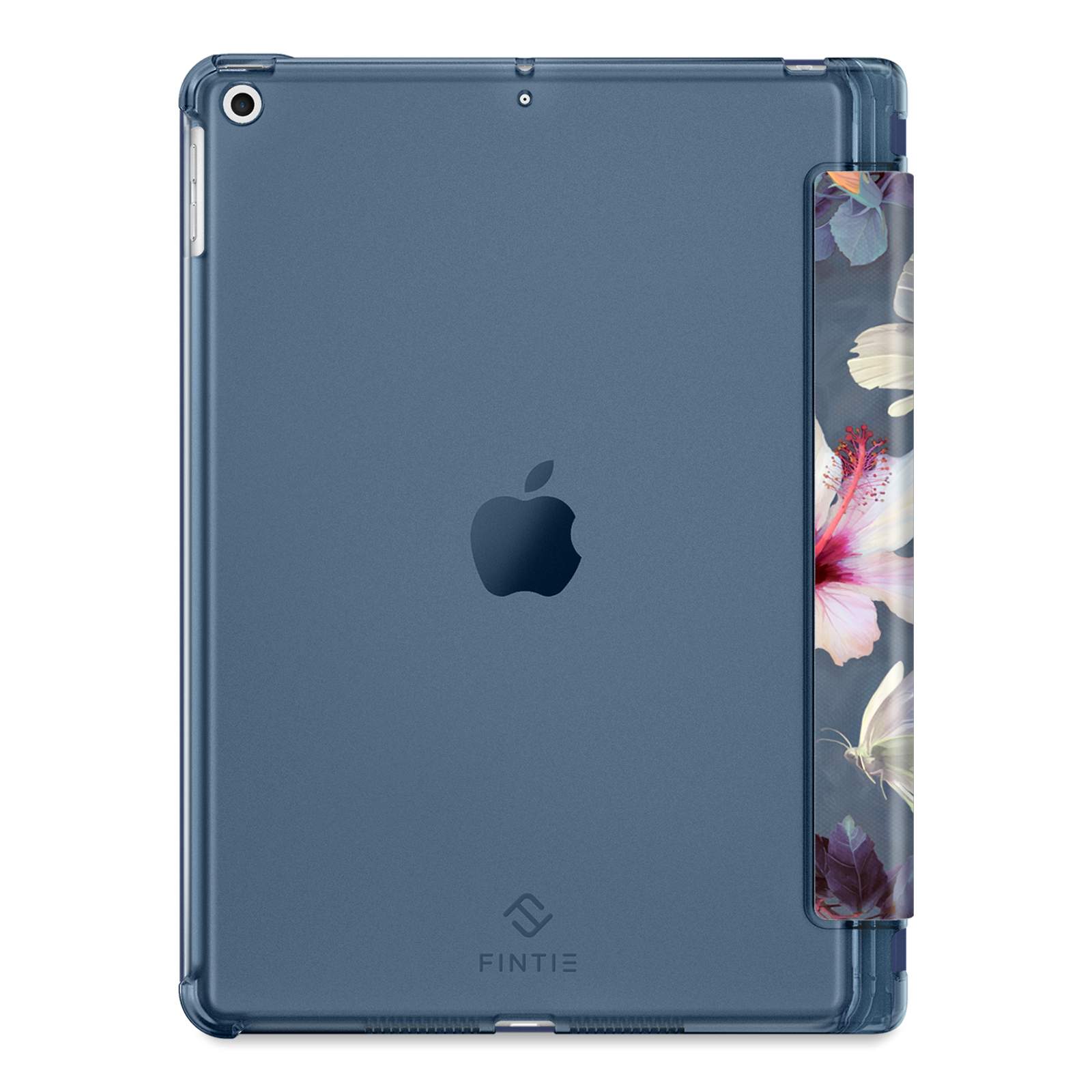 Eine blaue Tablethülle mit präzisen Aussparungen und einer gefalteten Abdeckung. Die Hülle wird aus mehreren Winkeln gezeigt.