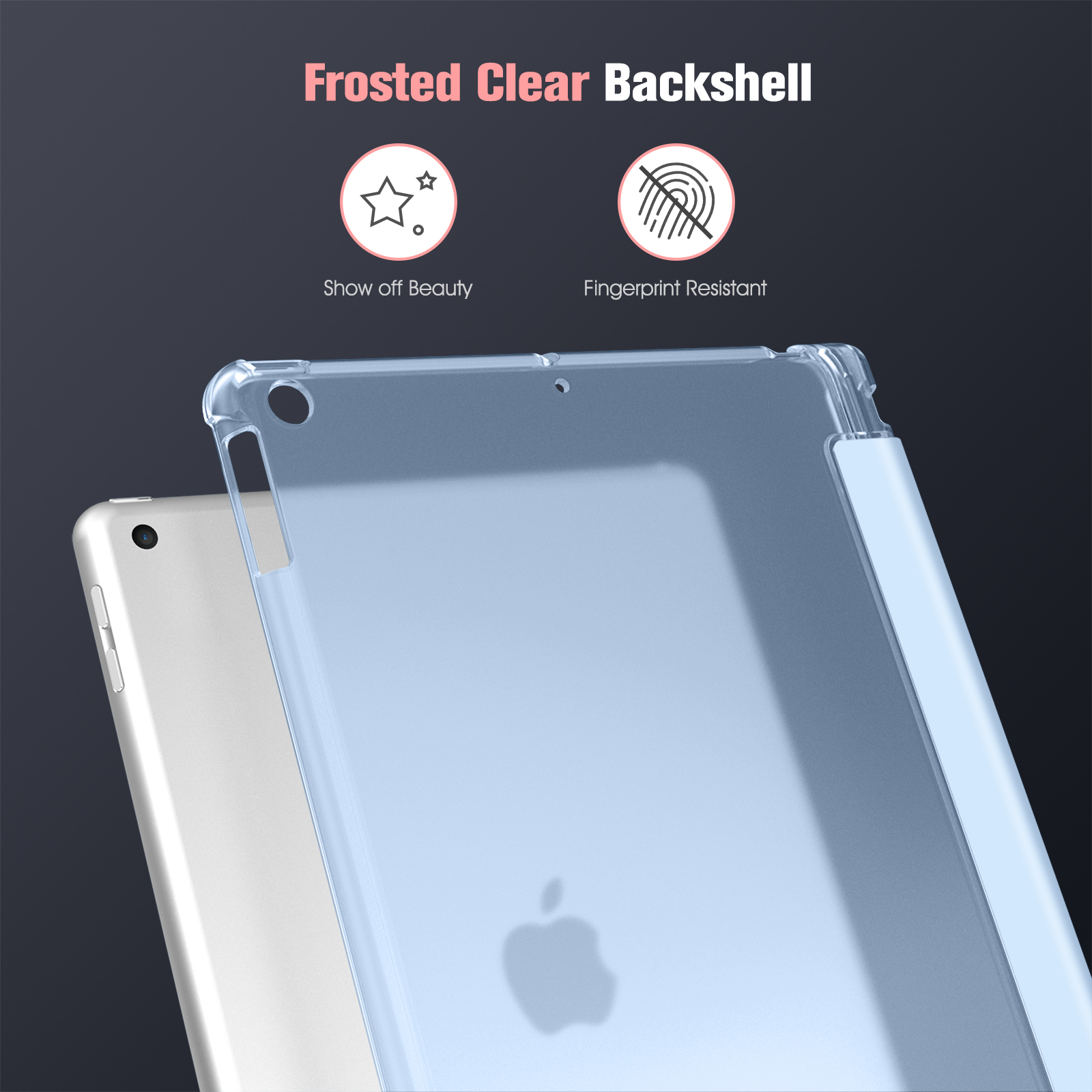 Eine hellblaue Tablettasche mit Apple-Logo, mattierter Rückseite und den Worten Show off Beauty und Fingerprint Resistant.