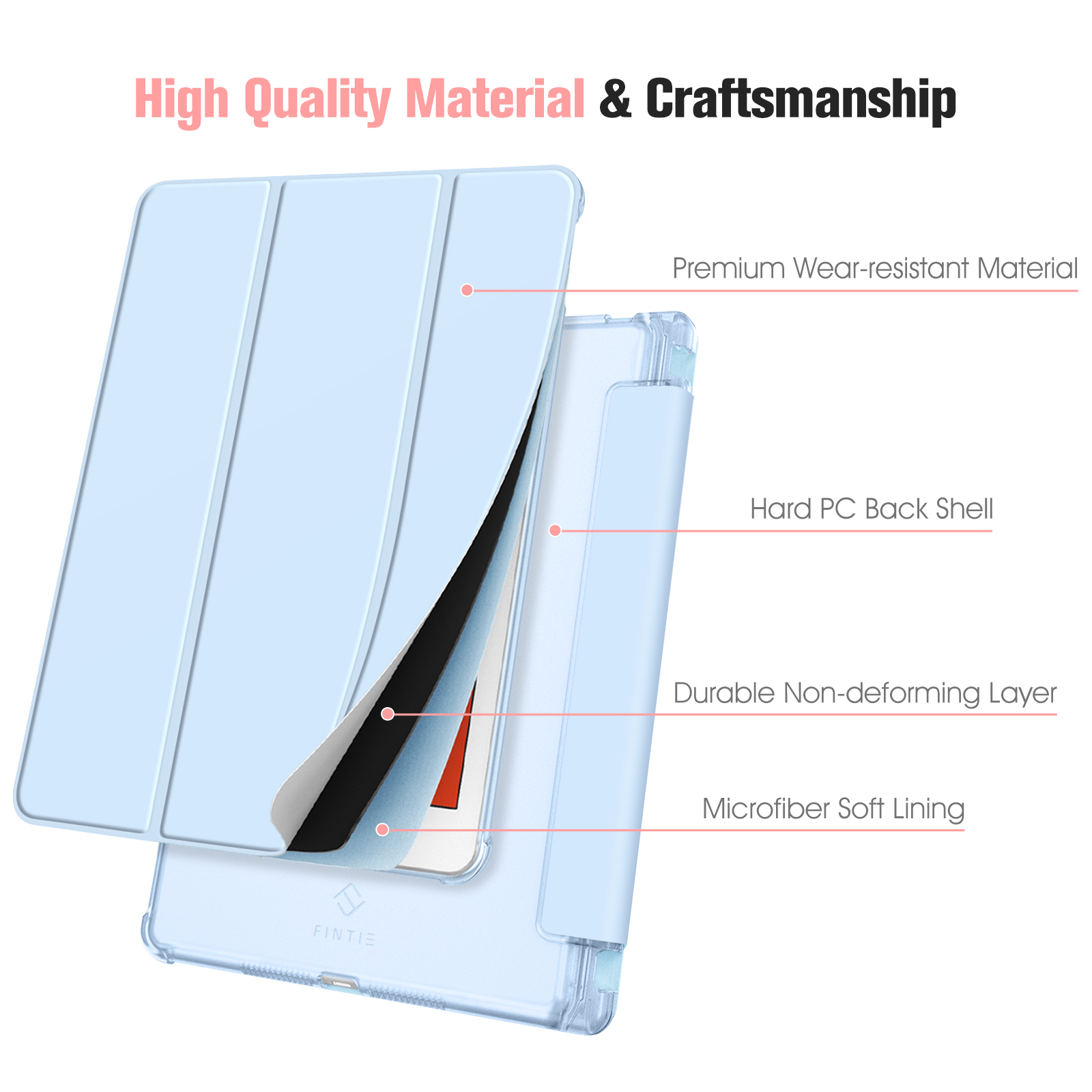 Eine hellblaue Tablettasche mit mehreren Schichten, darunter ein Microfiber Soft Lining und eine Hard PC Back Shell.