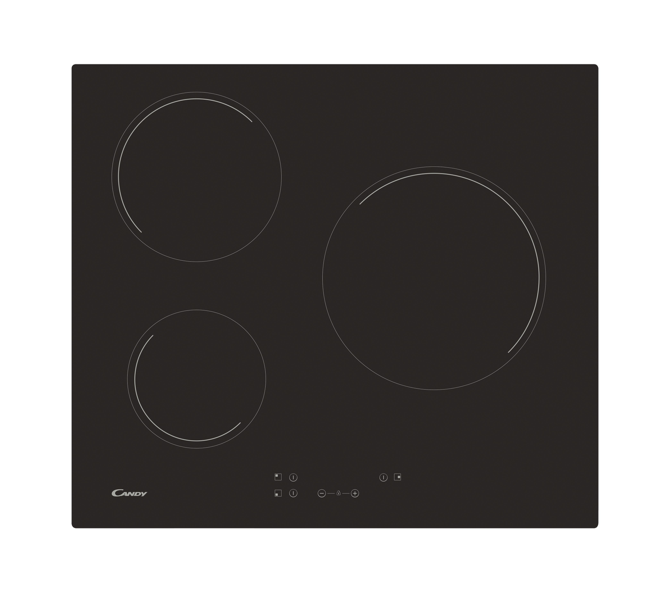 Una placa de inducción negra con tres elementos calefactores circulares y botones de control táctil.