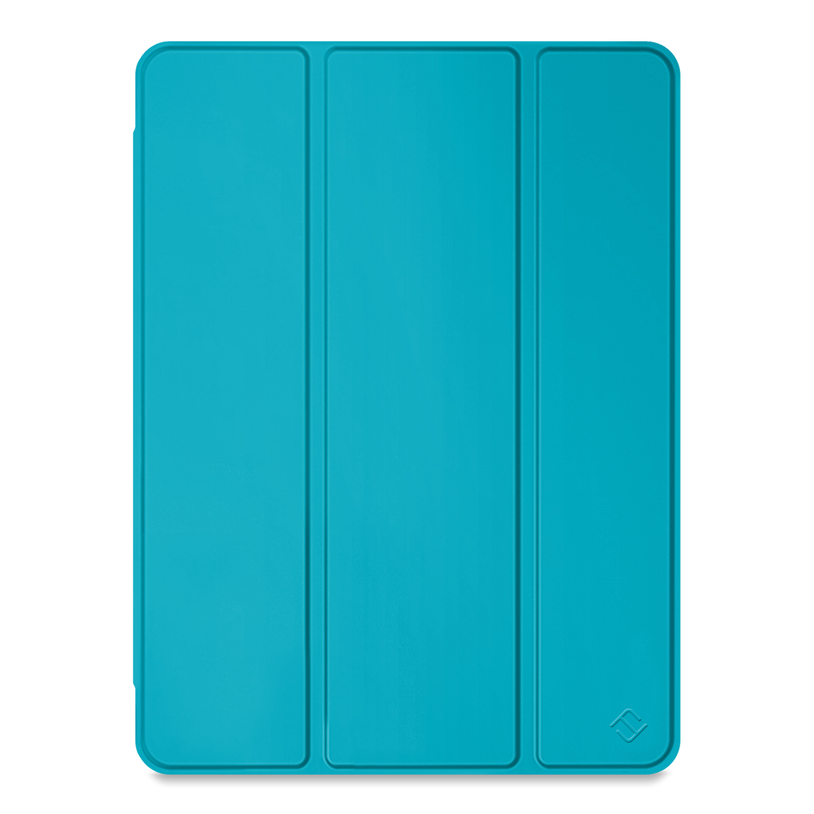 Eine blaue Tablet-Hülle, geschlossen und zeigt die vordere Abdeckung. Weißer Hintergrund. Schlichtes Design.