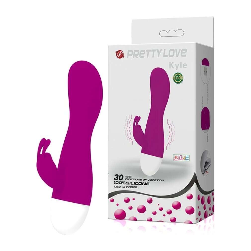Rosa Vibrator und eine weiße Box mit Pretty Love Logo. Text: Pretty Love Kyle, 30 Vibrationsfunktionen, 100% Silikon, USB-Ladegerät.