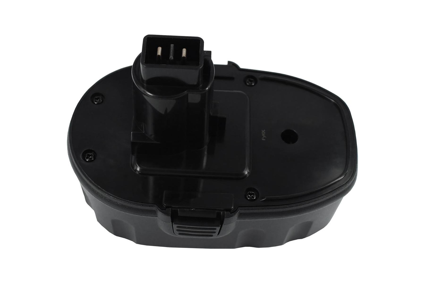 Batteria nera per utensile elettrico. Vista dall'alto, con contatti elettrici e meccanismo di bloccaggio. Sfondo bianco.