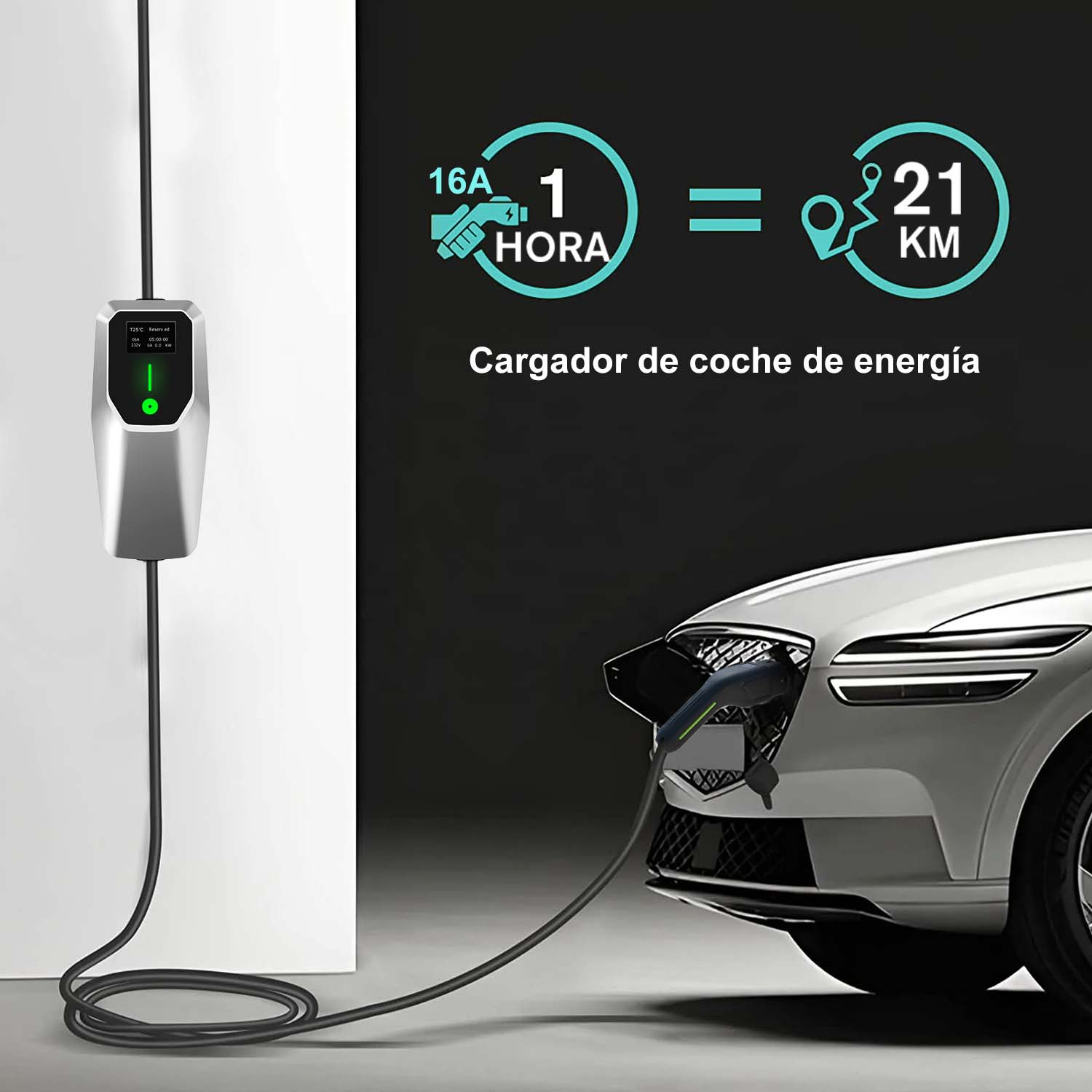 Una estación de carga para coches eléctricos con un cable y un gráfico de coche.