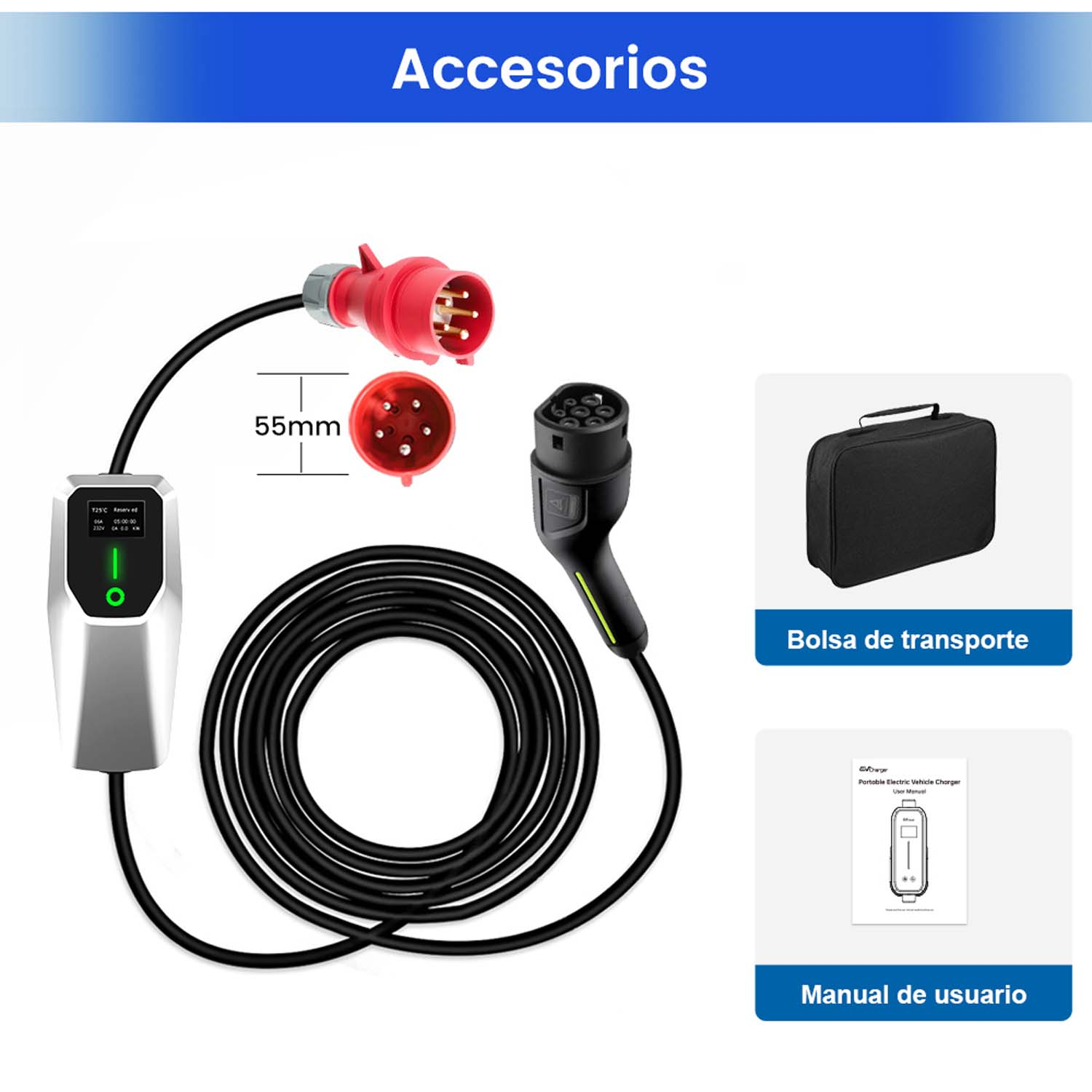 Accesorios para un cargador de vehículos eléctricos, incluido un cable de carga, un enchufe rojo, una bolsa de transporte y un manual.