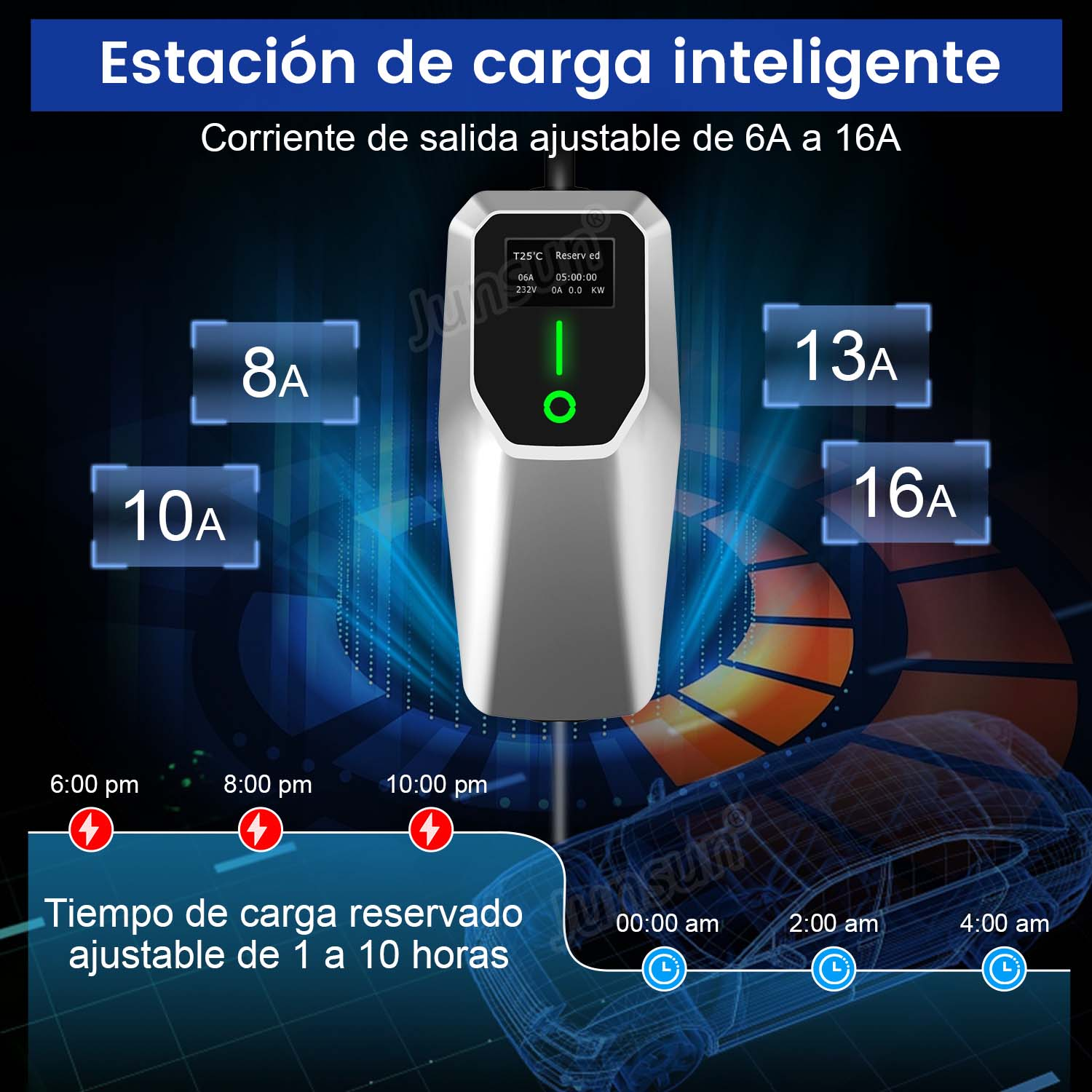Una estación de carga inteligente con corriente de salida ajustable y un temporizador para el tiempo de carga, varios ajustes.