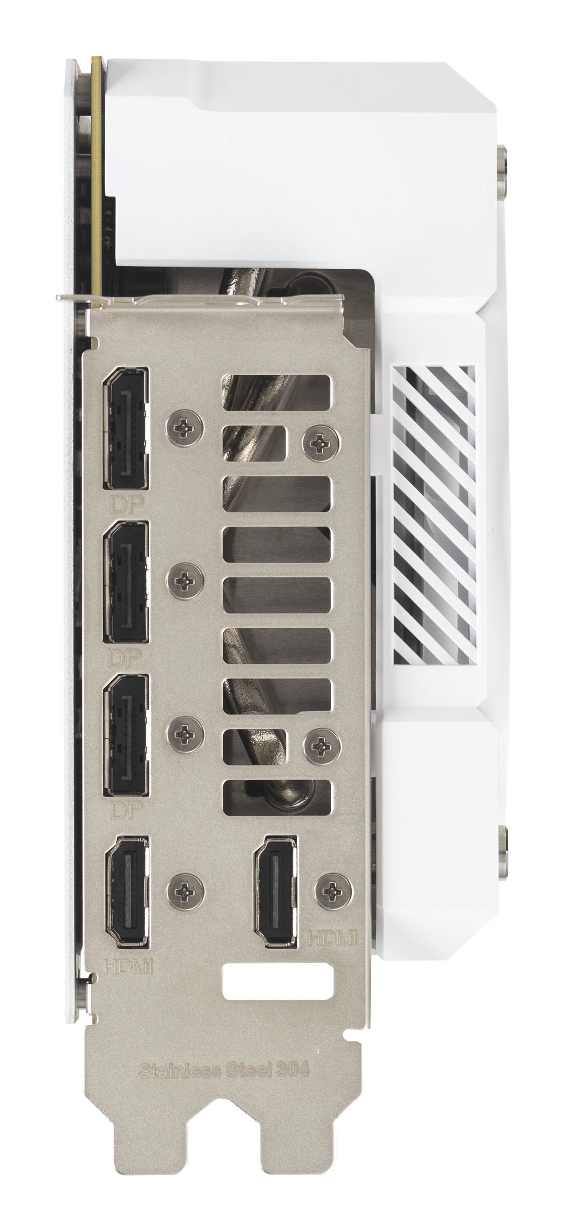 Biała karta graficzna, widok z boku, z portami i elementami chłodzącymi.