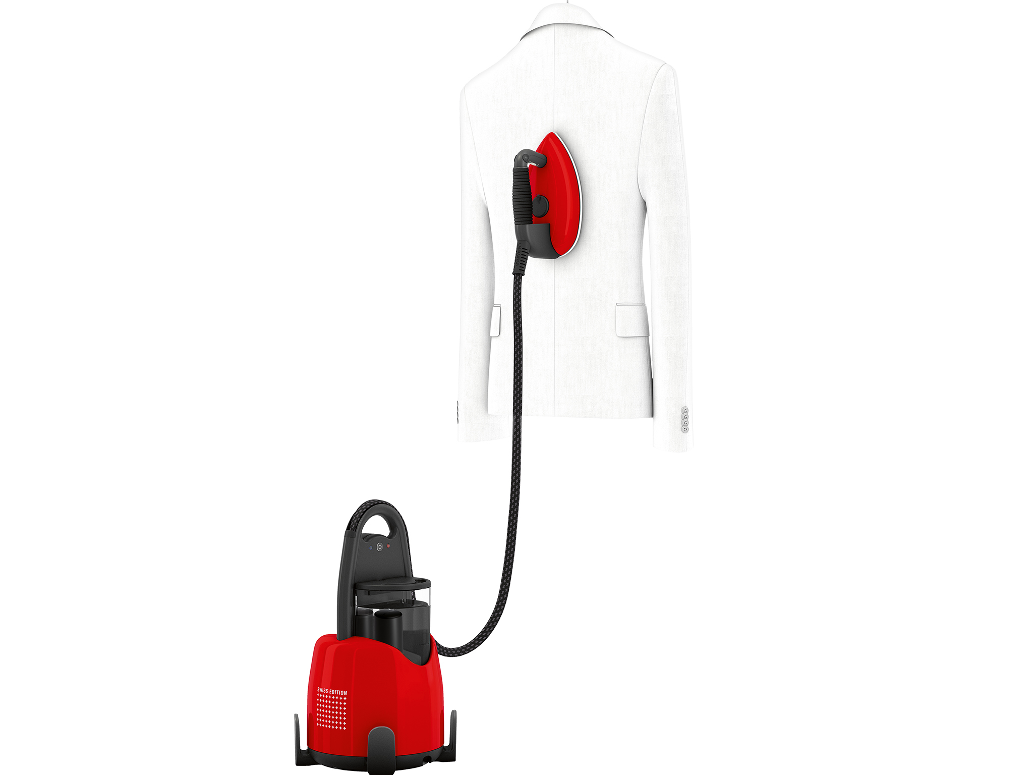 Vaporizzatore per indumenti rosso con ferro da stiro rosso su giacca bianca. Sfondo bianco.