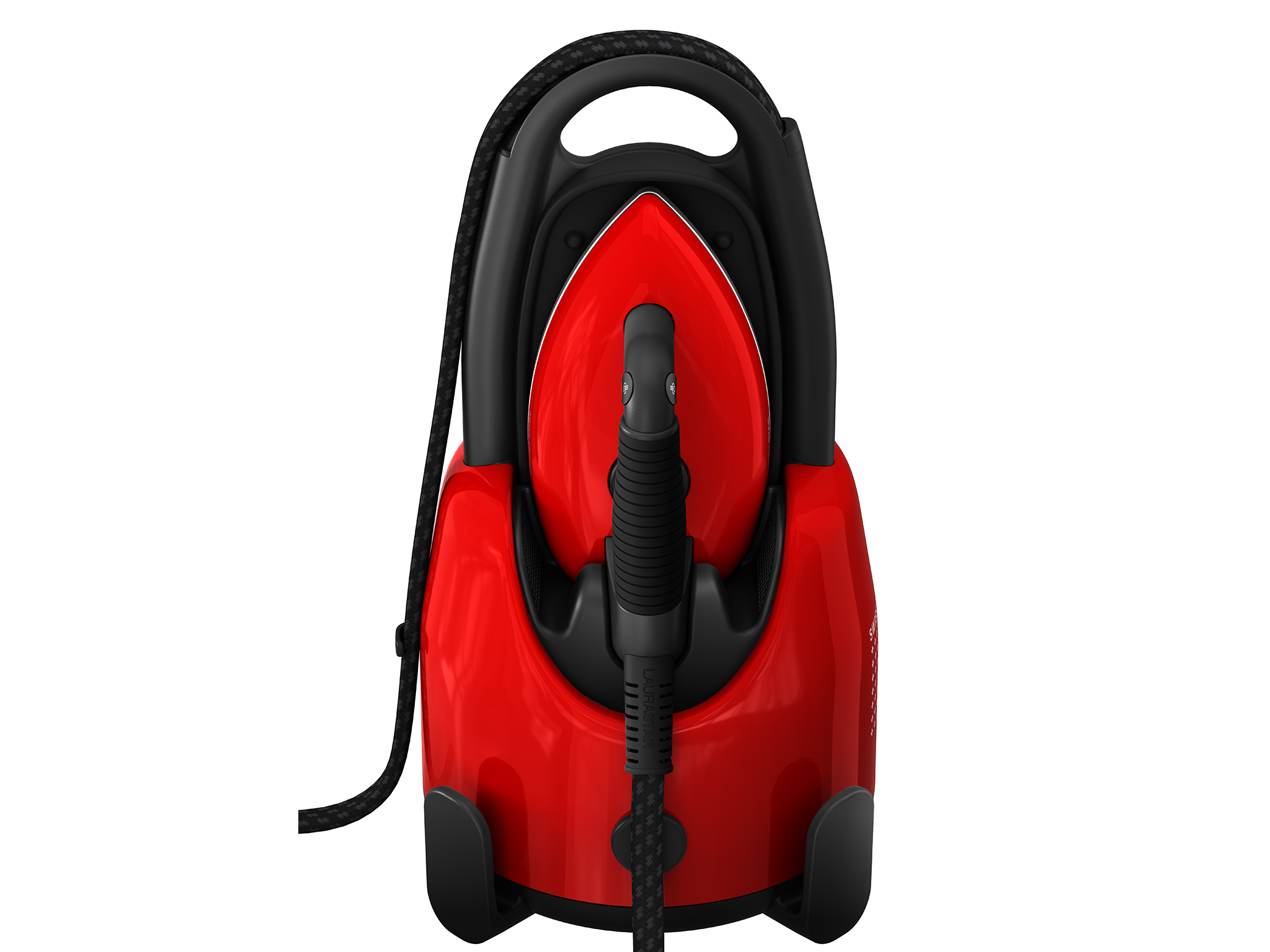 Vaporizzatore per indumenti rosso, vista frontale, con manico nero. Sfondo bianco.