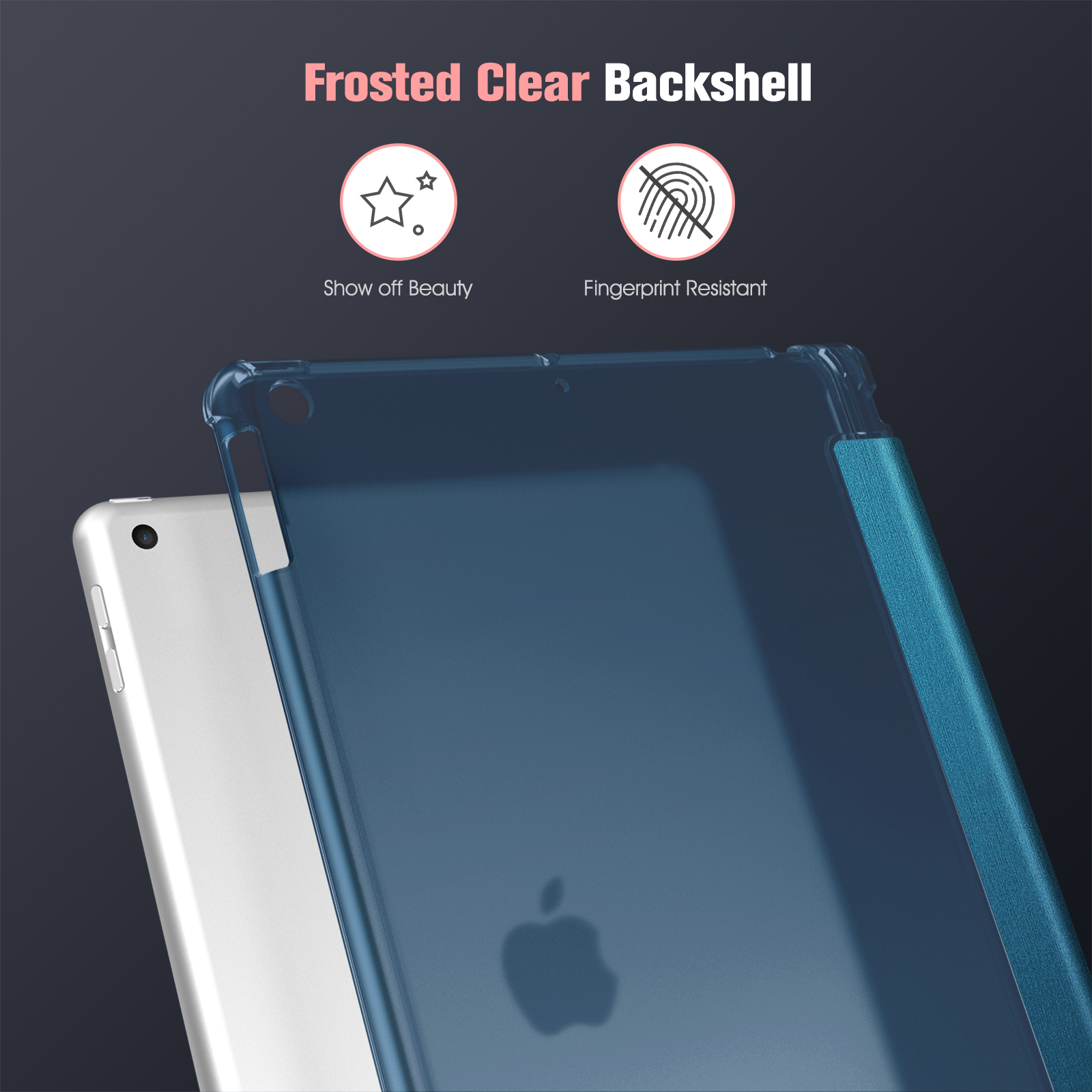 Blaue iPad-Hülle. Klar, mattierte Rückseite. Ein iPad wird angezeigt. Text: Frosted Clear Backshell. Weißer Hintergrund.