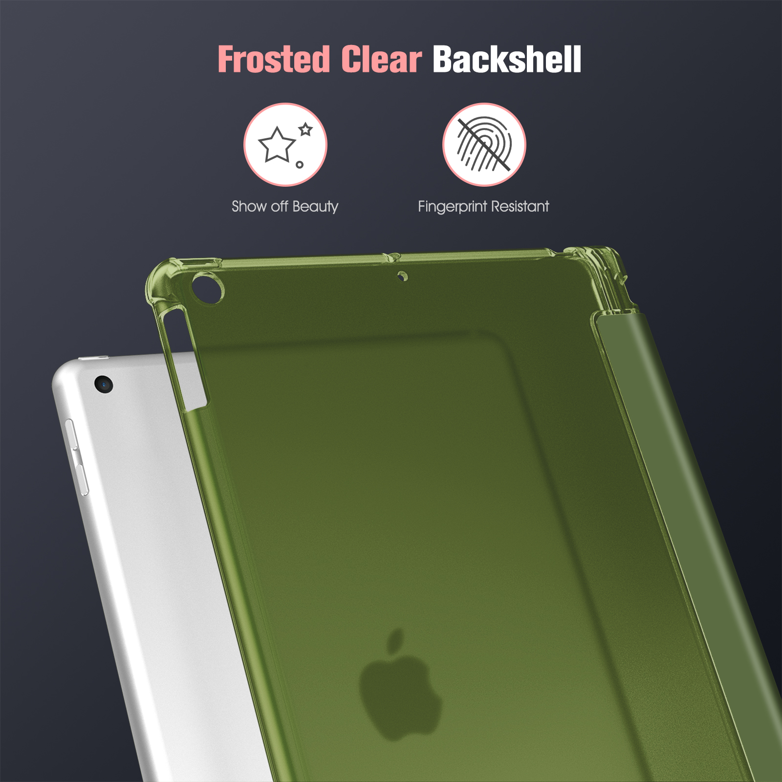 Grüne Tablethülle mit silbernem Tablet. Text: 'Frosted Clear Backshell'.