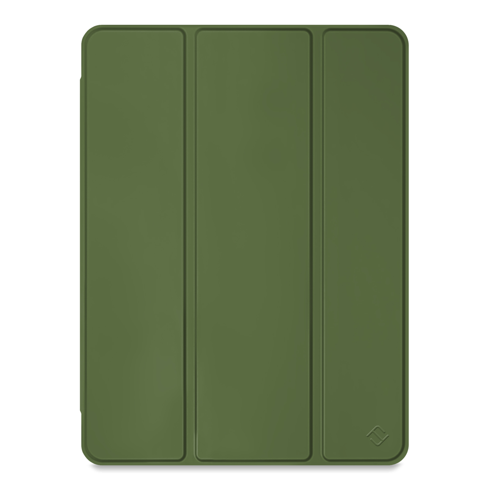 Grüne Tablethülle, geschlossen. Die Hülle hat eine einfarbige grüne Farbe und ein schlichtes Design. Weißer Hintergrund.