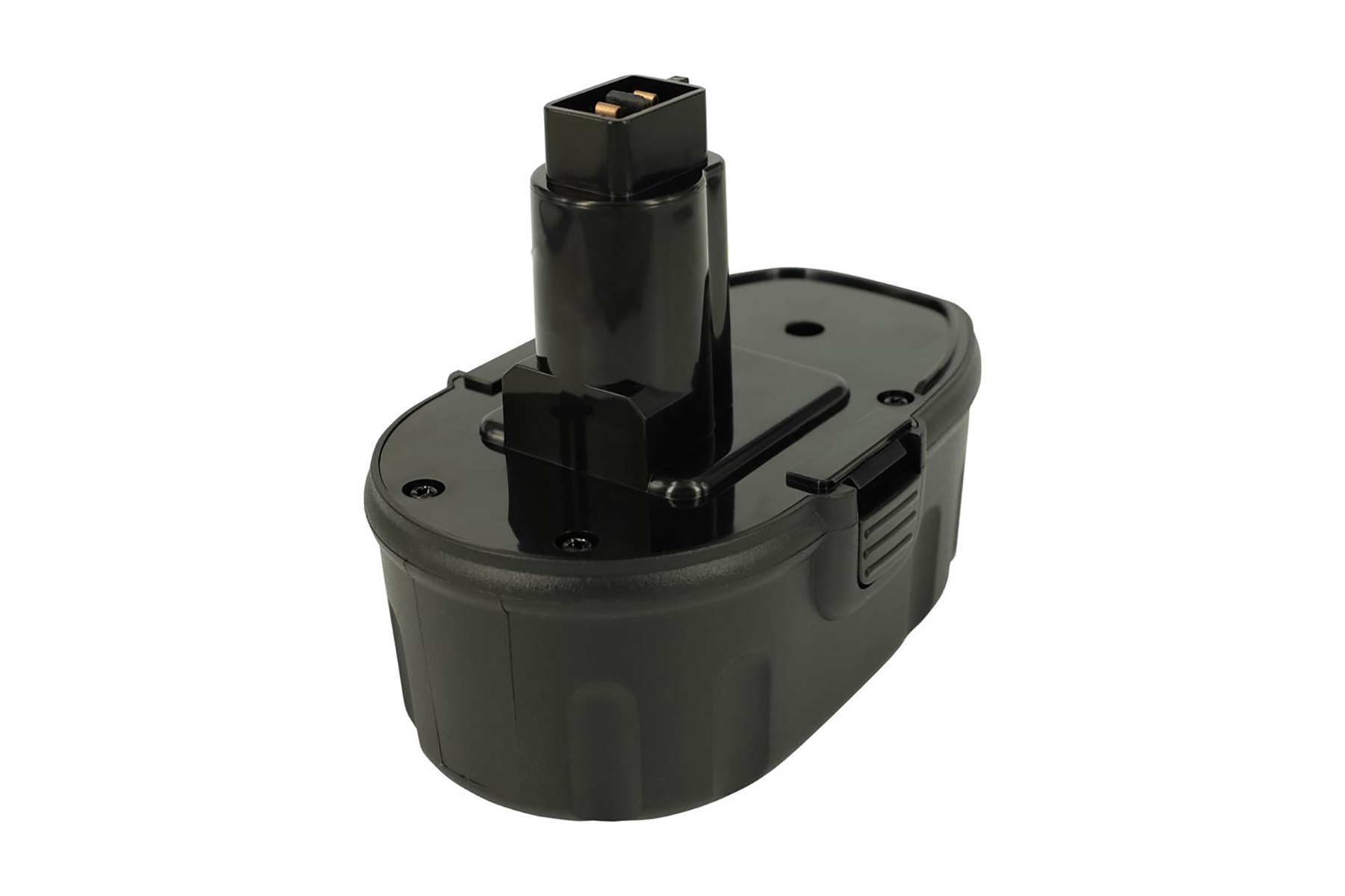 Batteria nera per utensili elettrici, vista laterale, sfondo bianco.