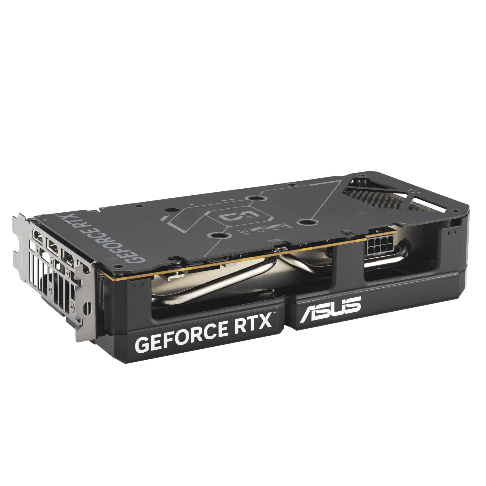 Schwarze Grafikkarte von der Seite gesehen, mit den Wörtern "GEFORCE RTX" und "ASUS".