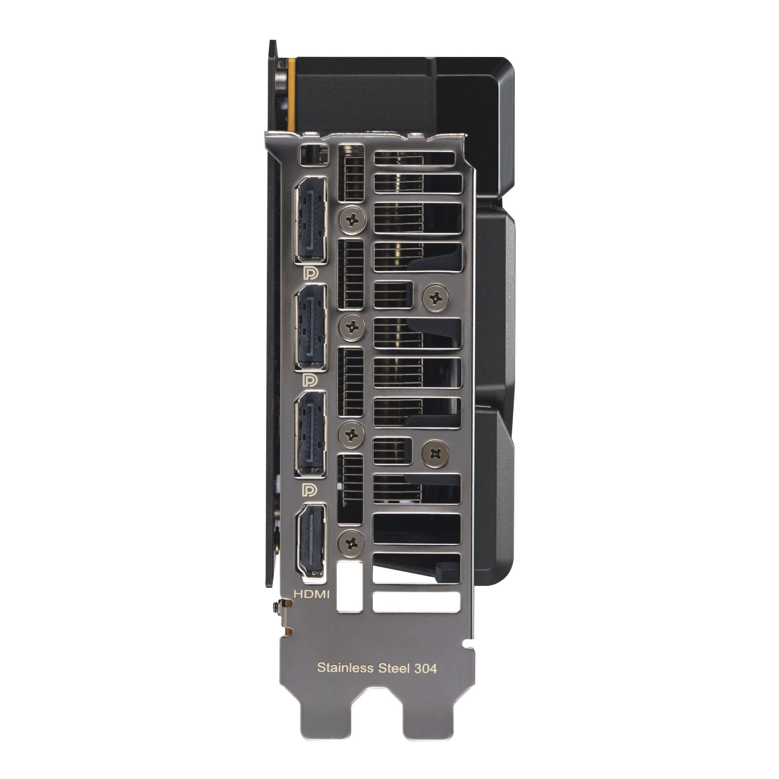 Bok czarnej karty graficznej, z kilkoma portami i napisem "Stainless Steel 304".
