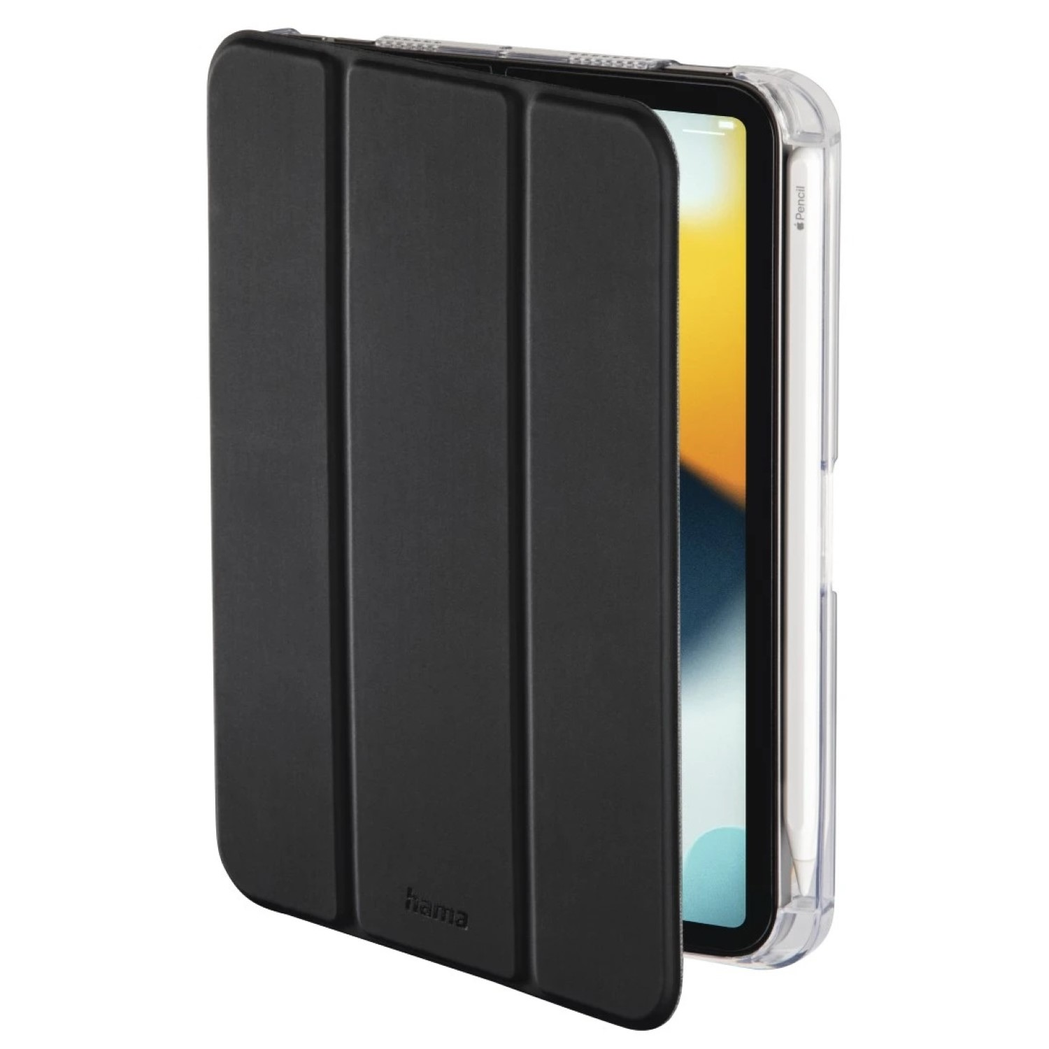 Tablet in schwarzer Hülle, mit klarer Hülle und Stift, der Bildschirm ist sichtbar.