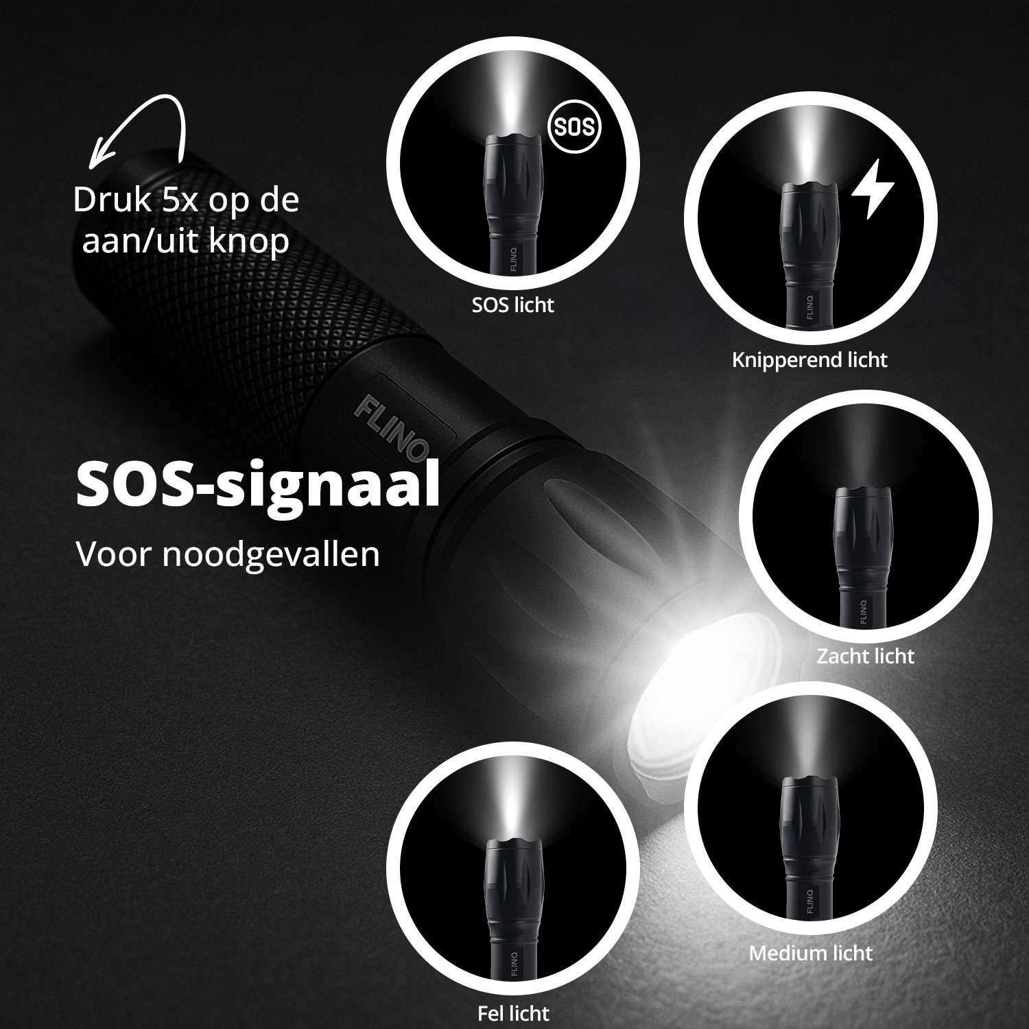 Een zwarte zaklamp met verschillende lichtstanden, waaronder SOS. Tekst beschrijft functies en gebruik in noodsituaties.