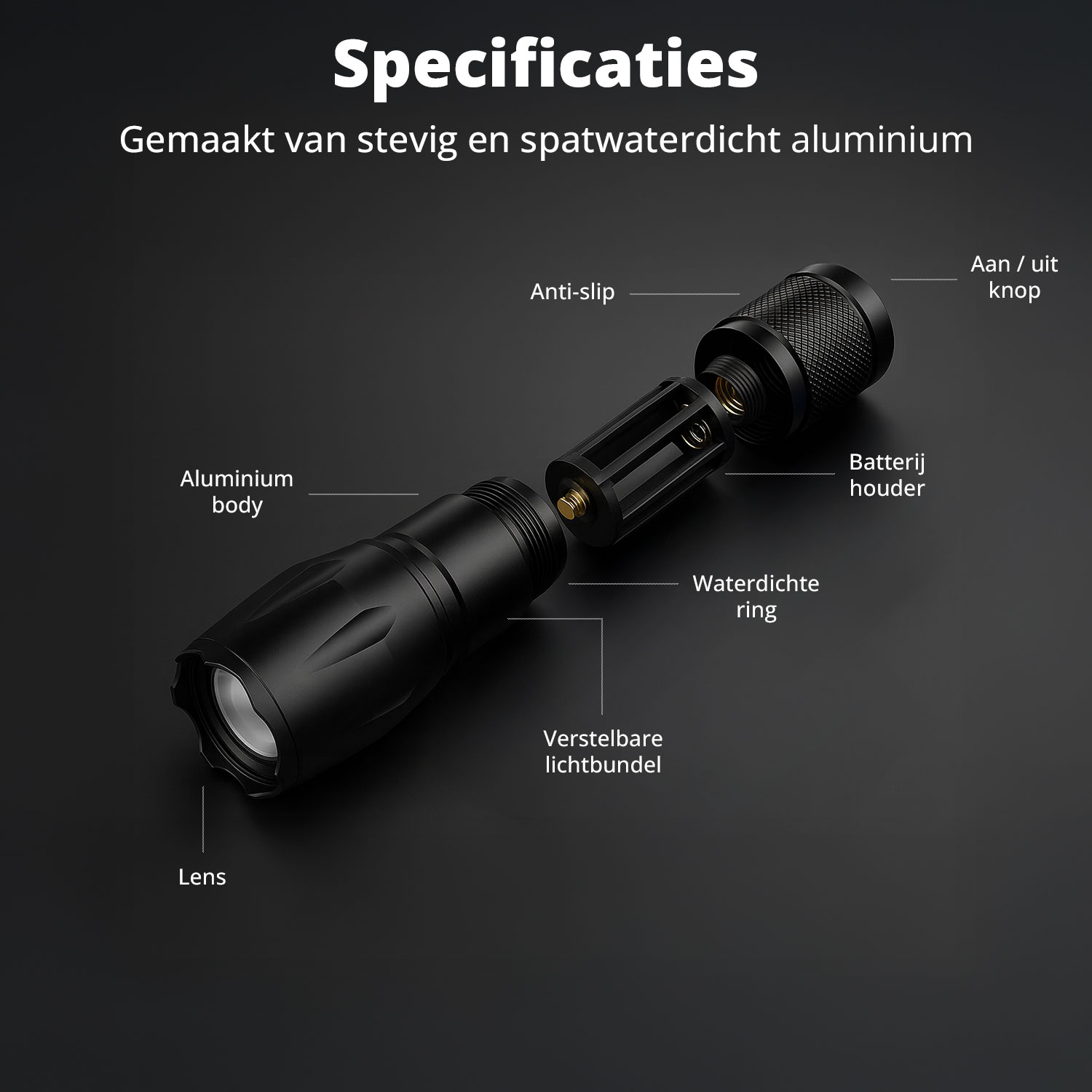 Zwarte zaklamp gedemonteerd, met onderdelen: lens, aluminium behuizing, waterdichte ring, batterijhouder en verstelbare lichtbundel.