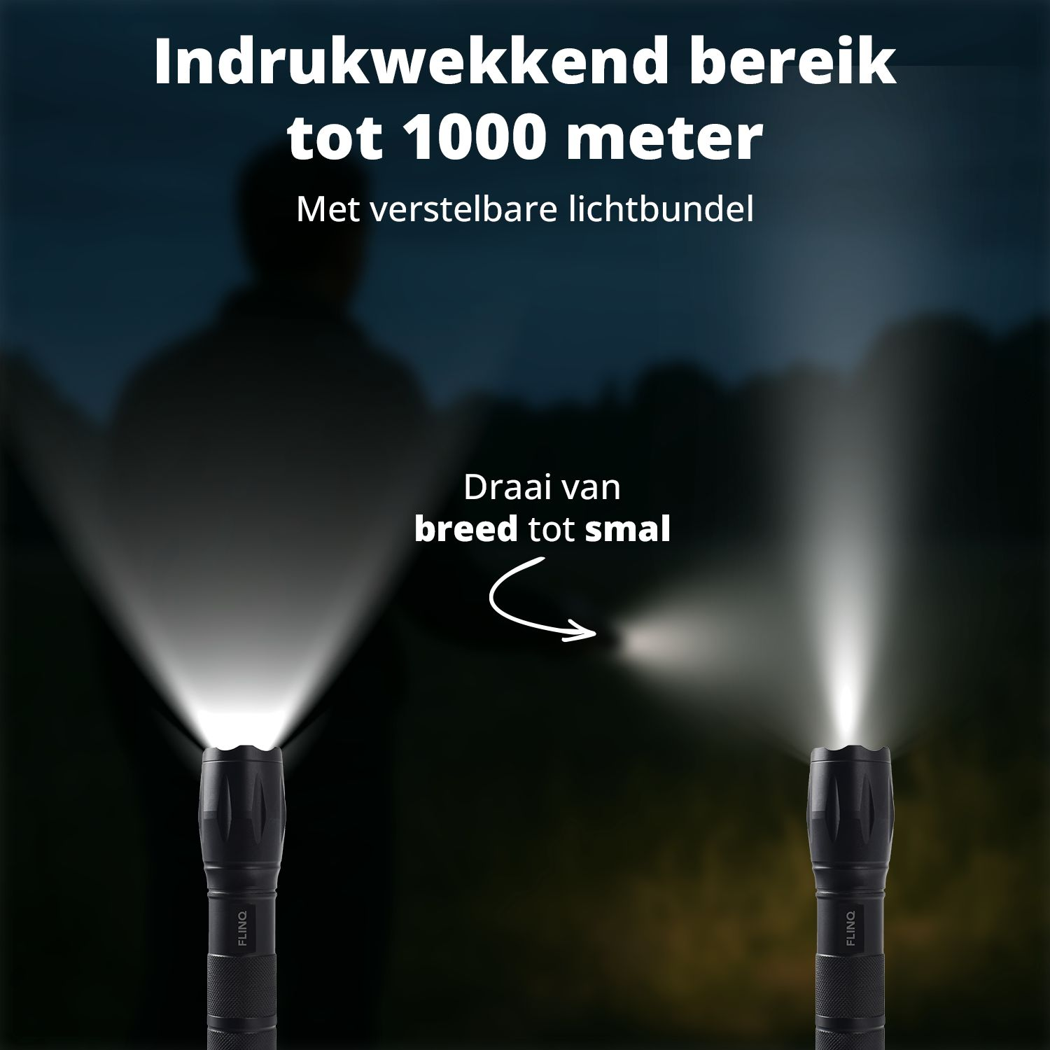 Twee zaklampen schijnen met verschillende lichtbundels. Tekst geeft instelbare lichtbundel weer.