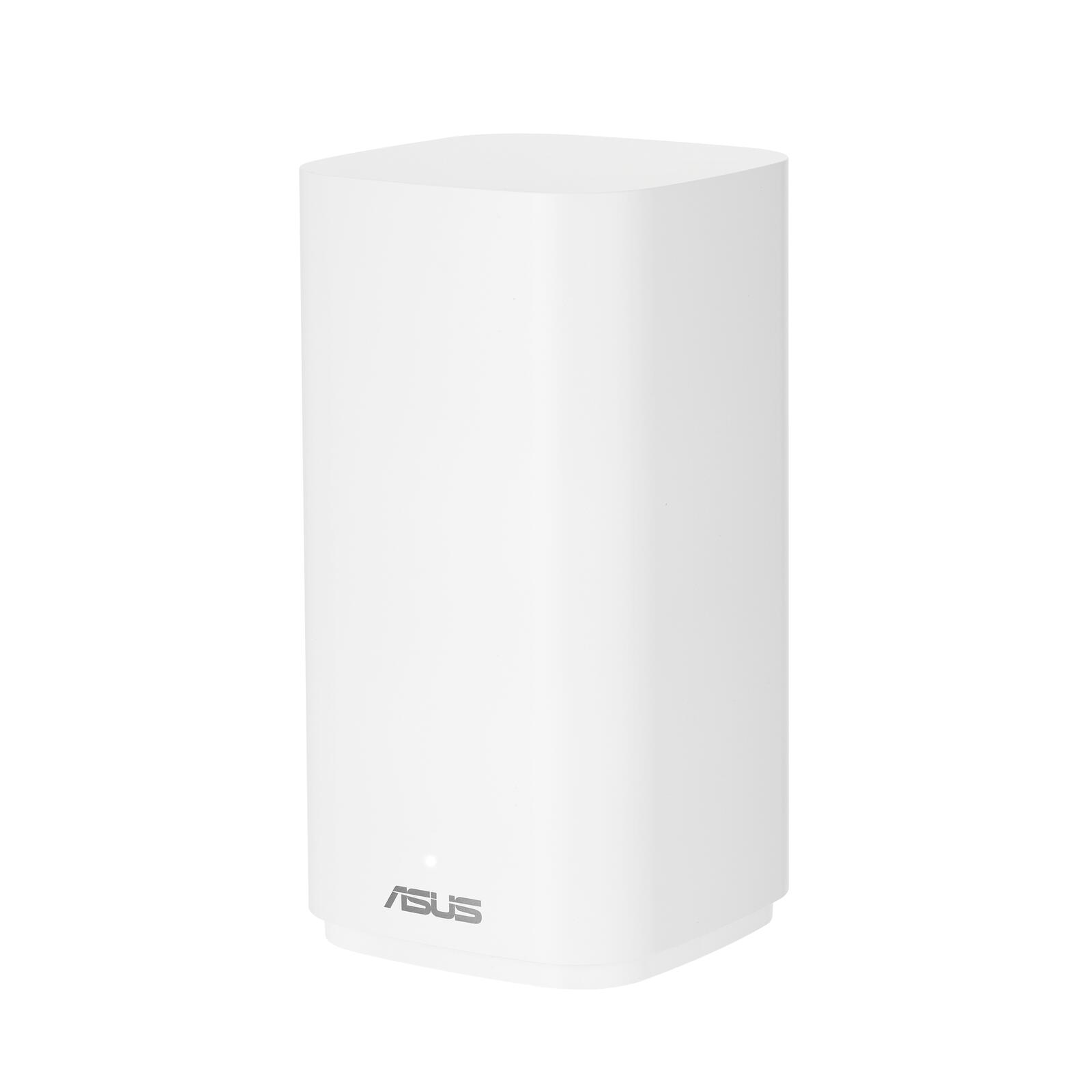 Biały router ASUS, widok z przodu. Ma prostą, prostokątną konstrukcję z logo ASUS.
