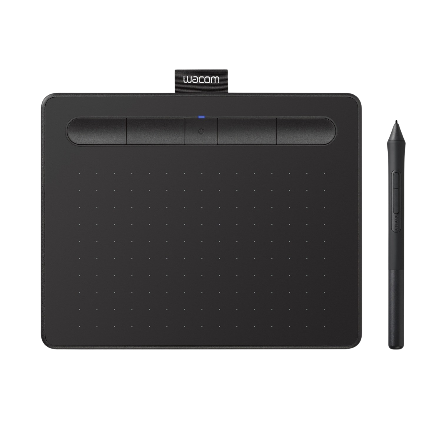 Una tavoletta grafica Wacom nera e penna su sfondo nero. La tavoletta ha pulsanti.