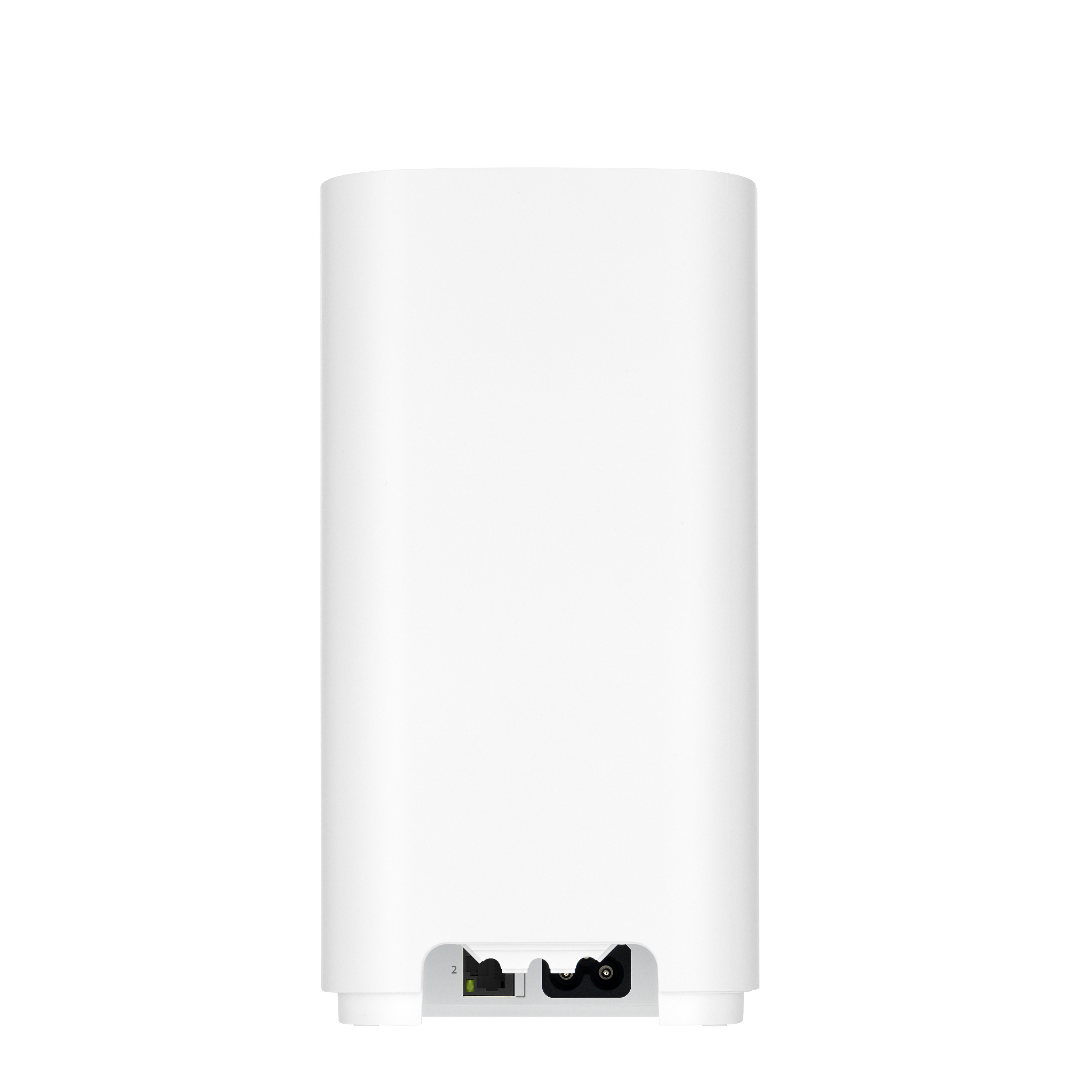 Białe urządzenie z portami sieciowymi na dole, prawdopodobnie router. Ma minimalistyczny design.