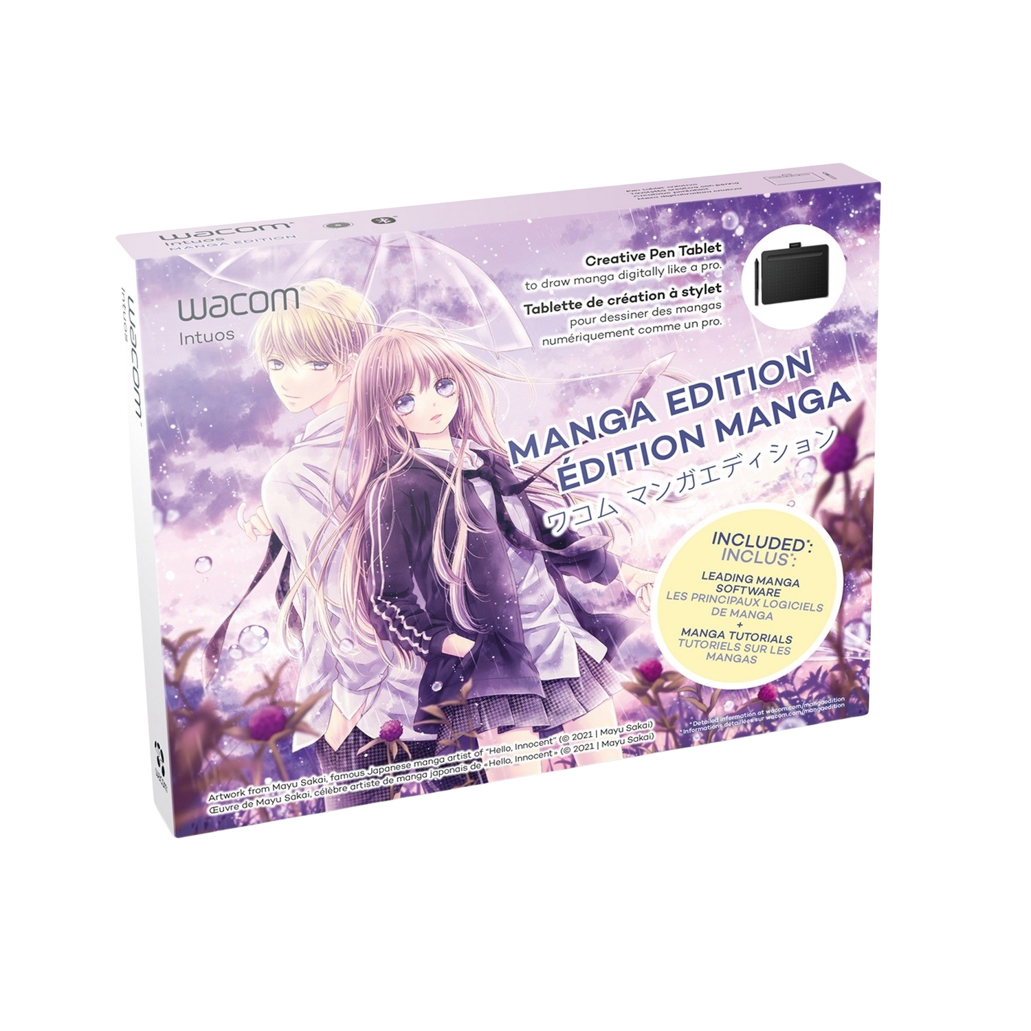 Una scatola per una tavoletta grafica Wacom Manga Edition. Contiene illustrazioni e testo manga.
