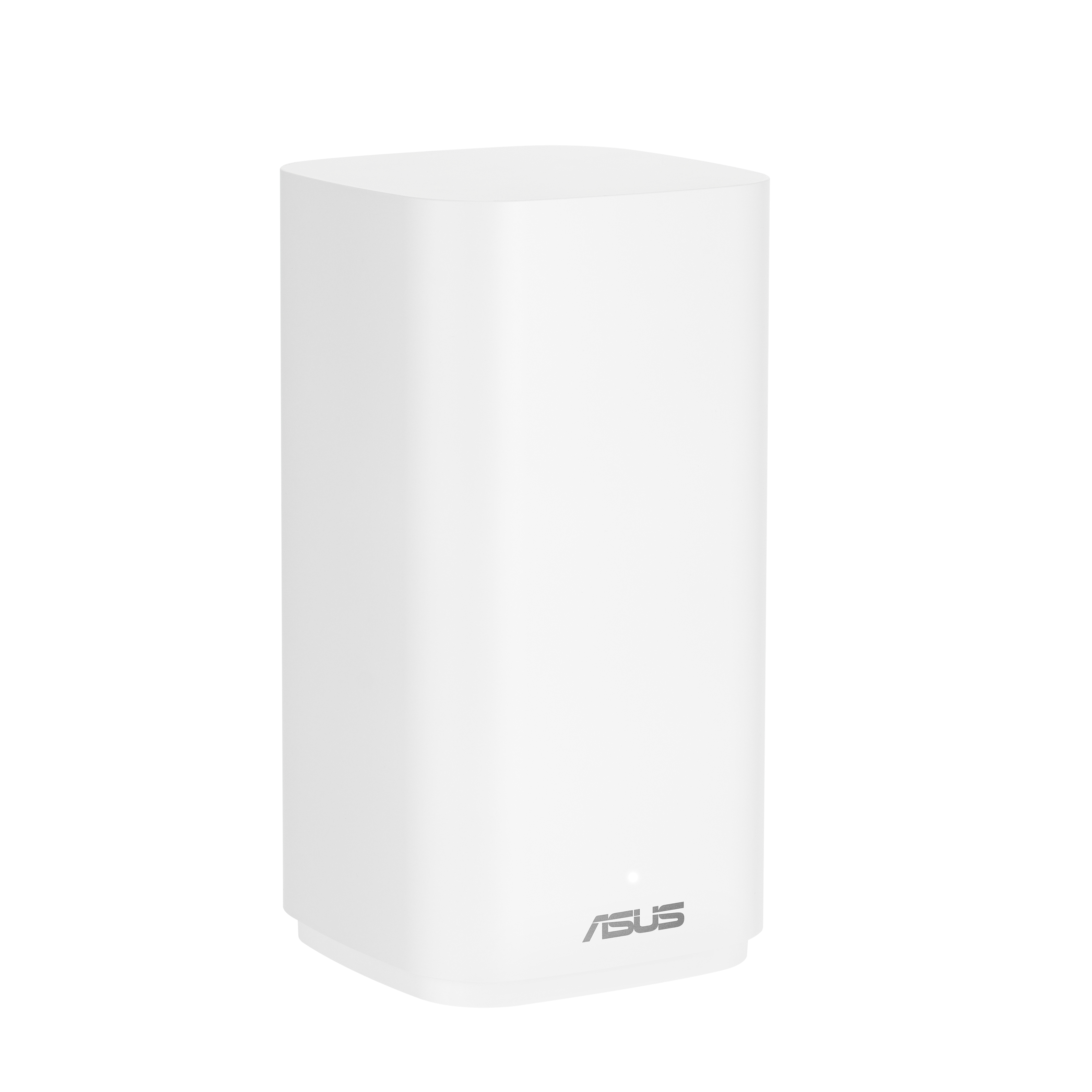 Biały, cylindryczny router ASUS z kwadratową podstawą. Logo ASUS znajduje się na dole.
