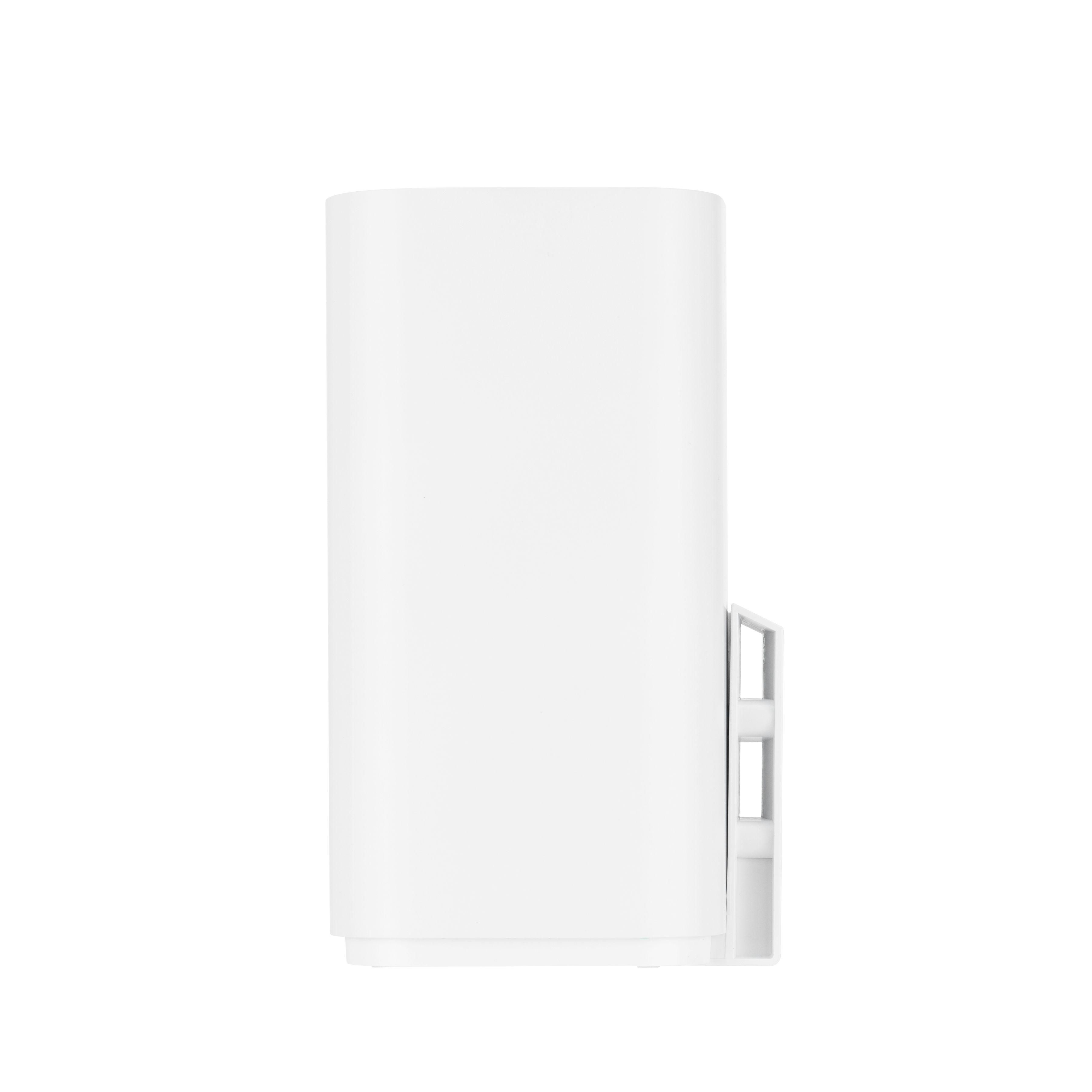 Białe prostokątne urządzenie z małym uchwytem z boku, na białym tle.